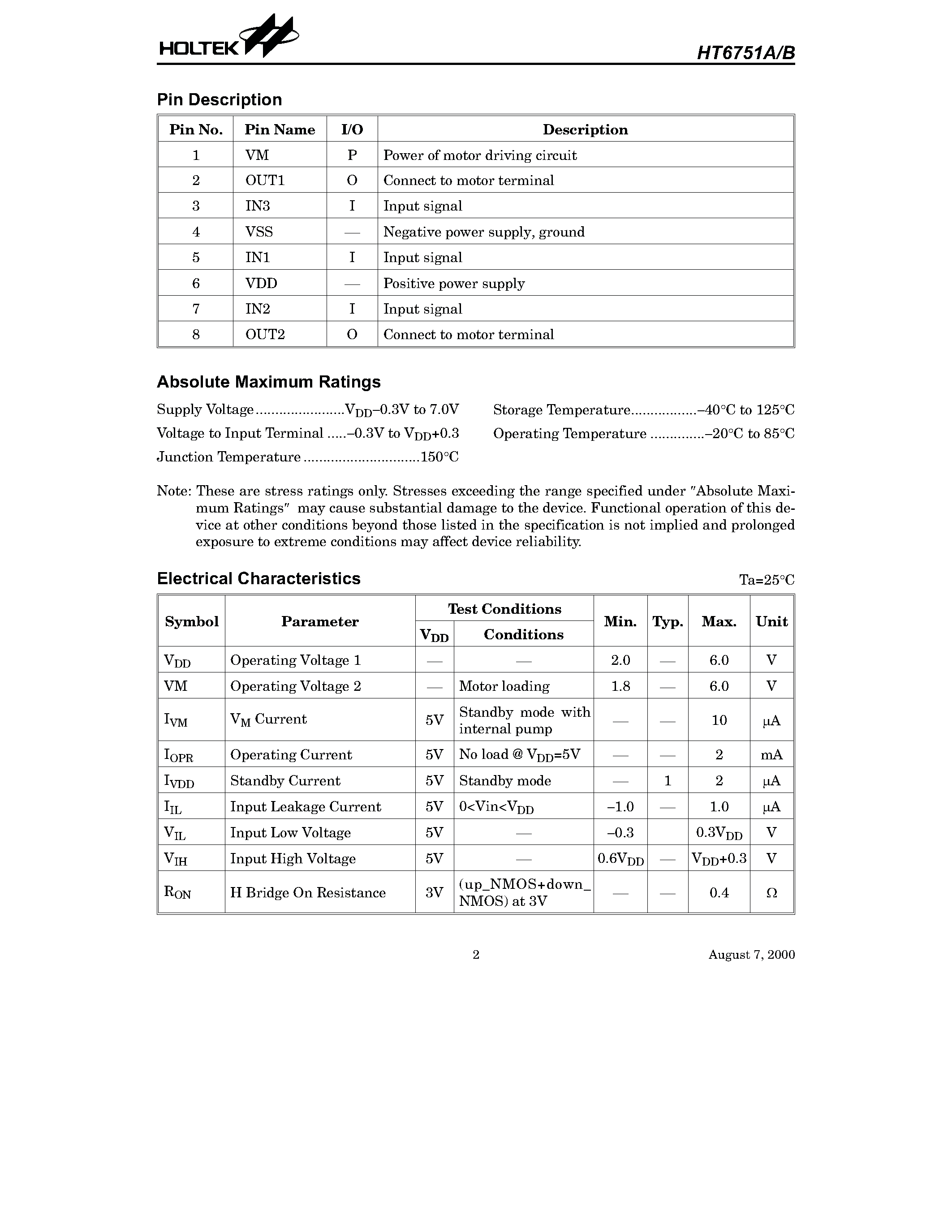 Datasheet HT6751A - Camera Motor Driver (1.5 Channel) page 2