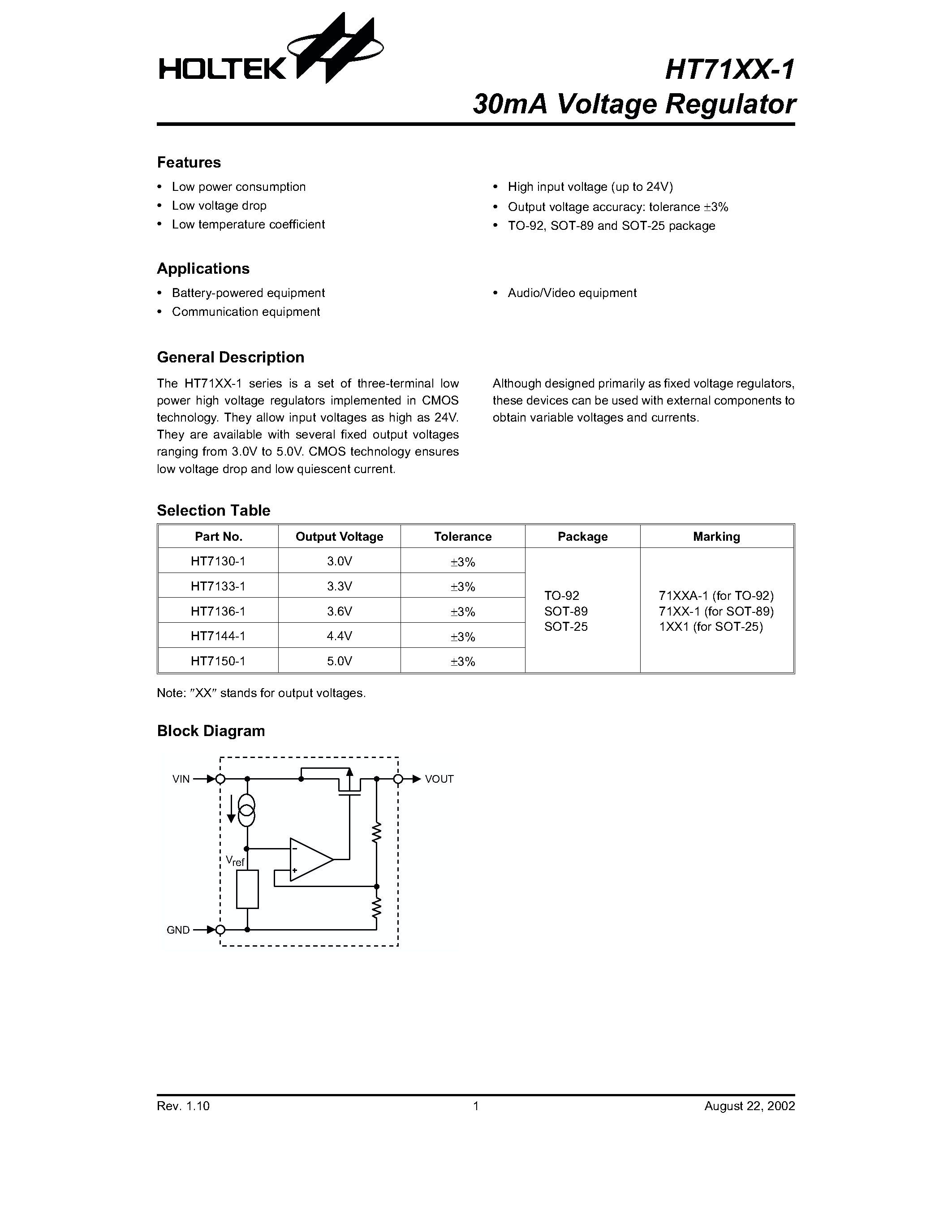 Даташит HT71XX-1 - 30mA Voltage Regulator страница 1