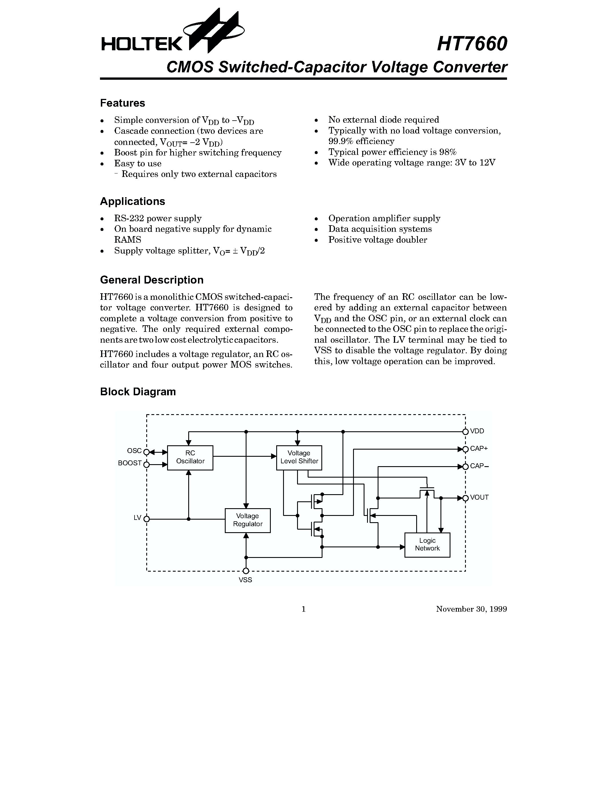 Datasheet HT7660 - CMOS Switched-Capacitor Voltage Converter page 1