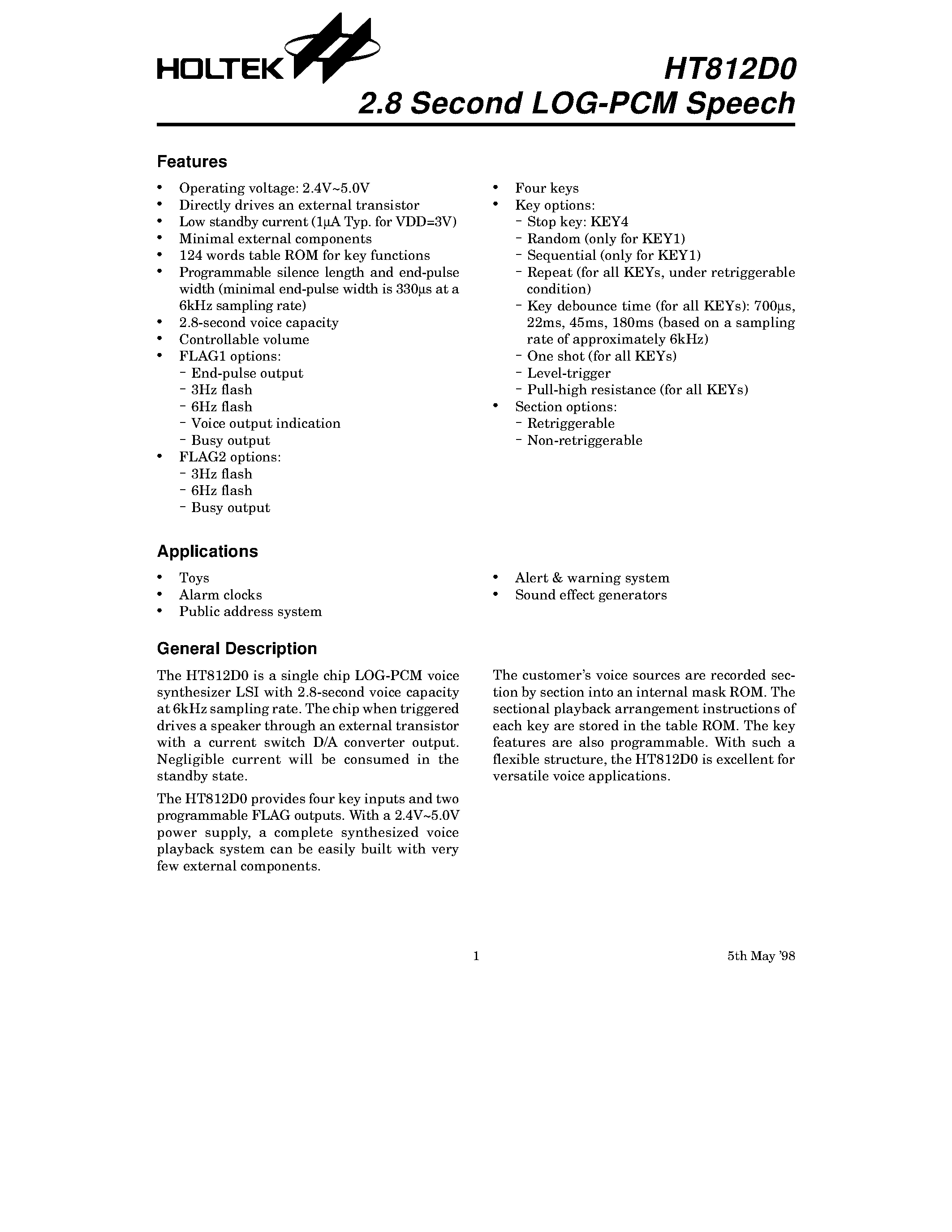 Datasheet HT812D0 - 2.8 Second LOG-PCM Speech page 1