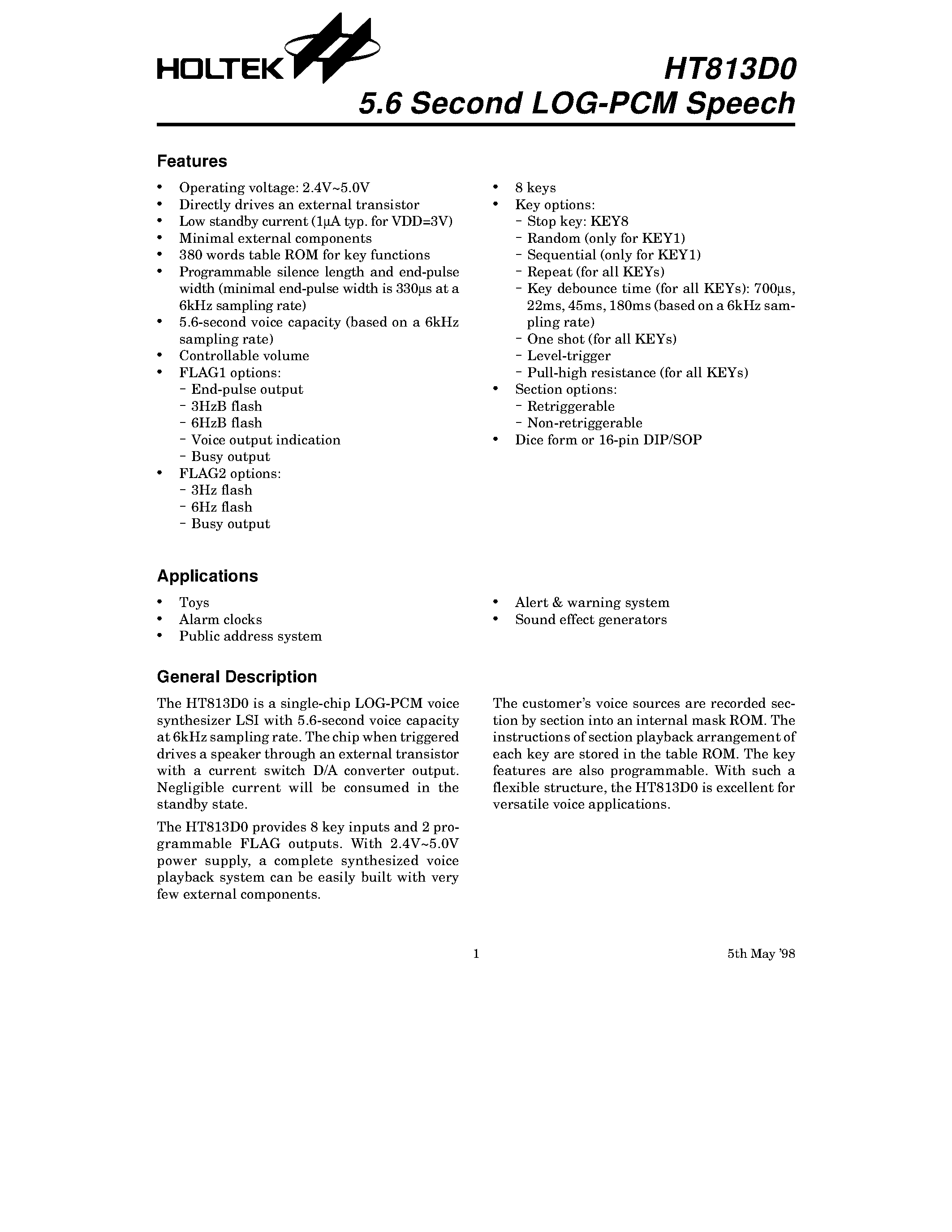 Datasheet HT813D0 - 5.6 Second LOG-PCM Speech page 1