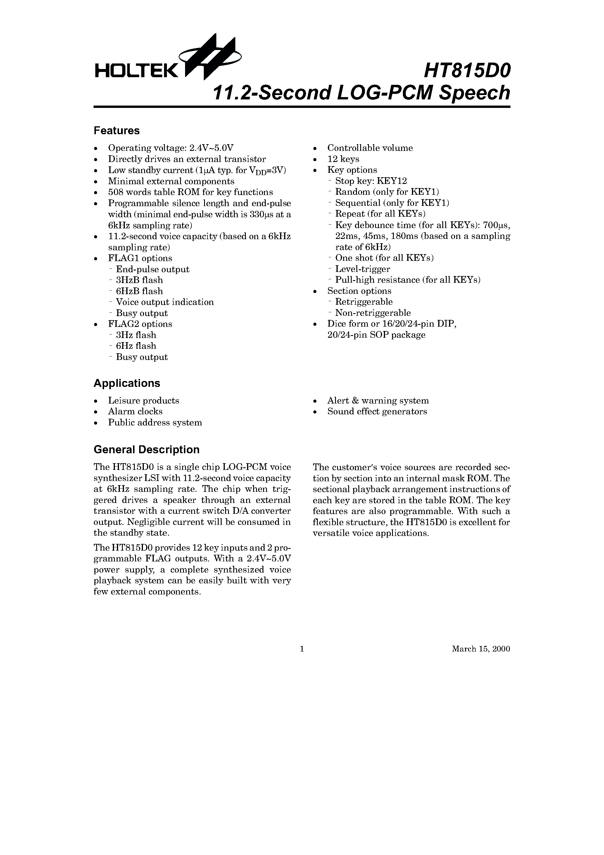Datasheet HT815D0 page 1 Datasheet HT815D0 - 11.2-Second LOG-PCM Speech page 1