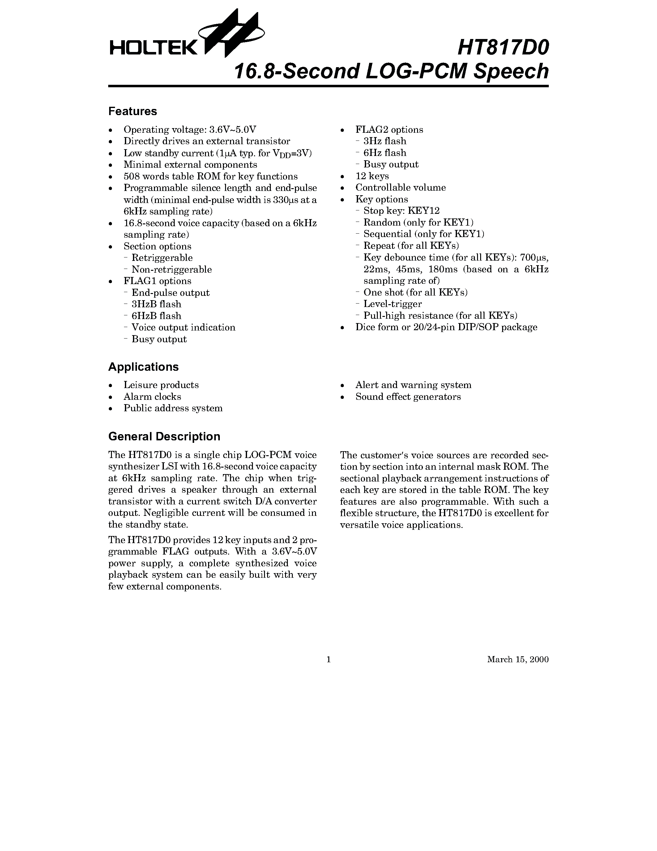 Datasheet HT817D0 - 16.8-Second LOG-PCM Speech page 1