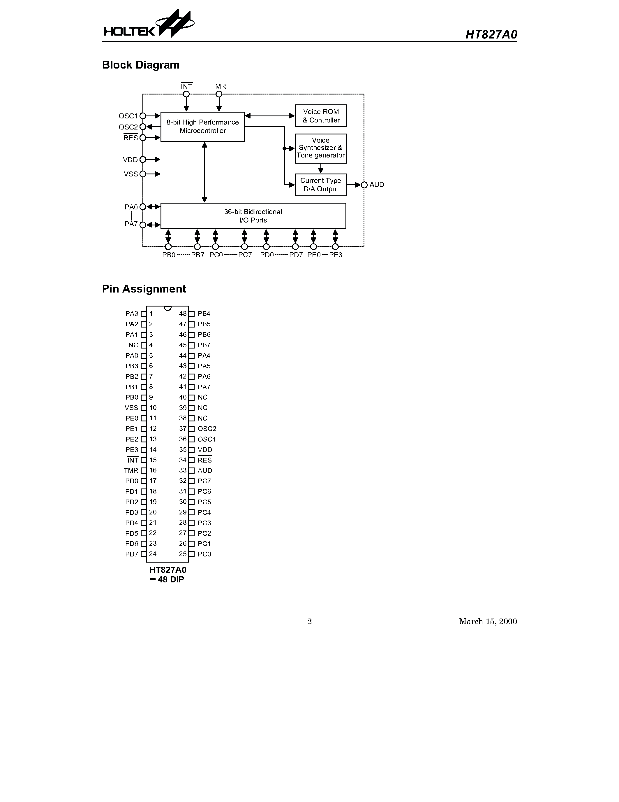 Datasheet HT827A0 - 8-Bit Microcontroller with Voice ROM page 2
