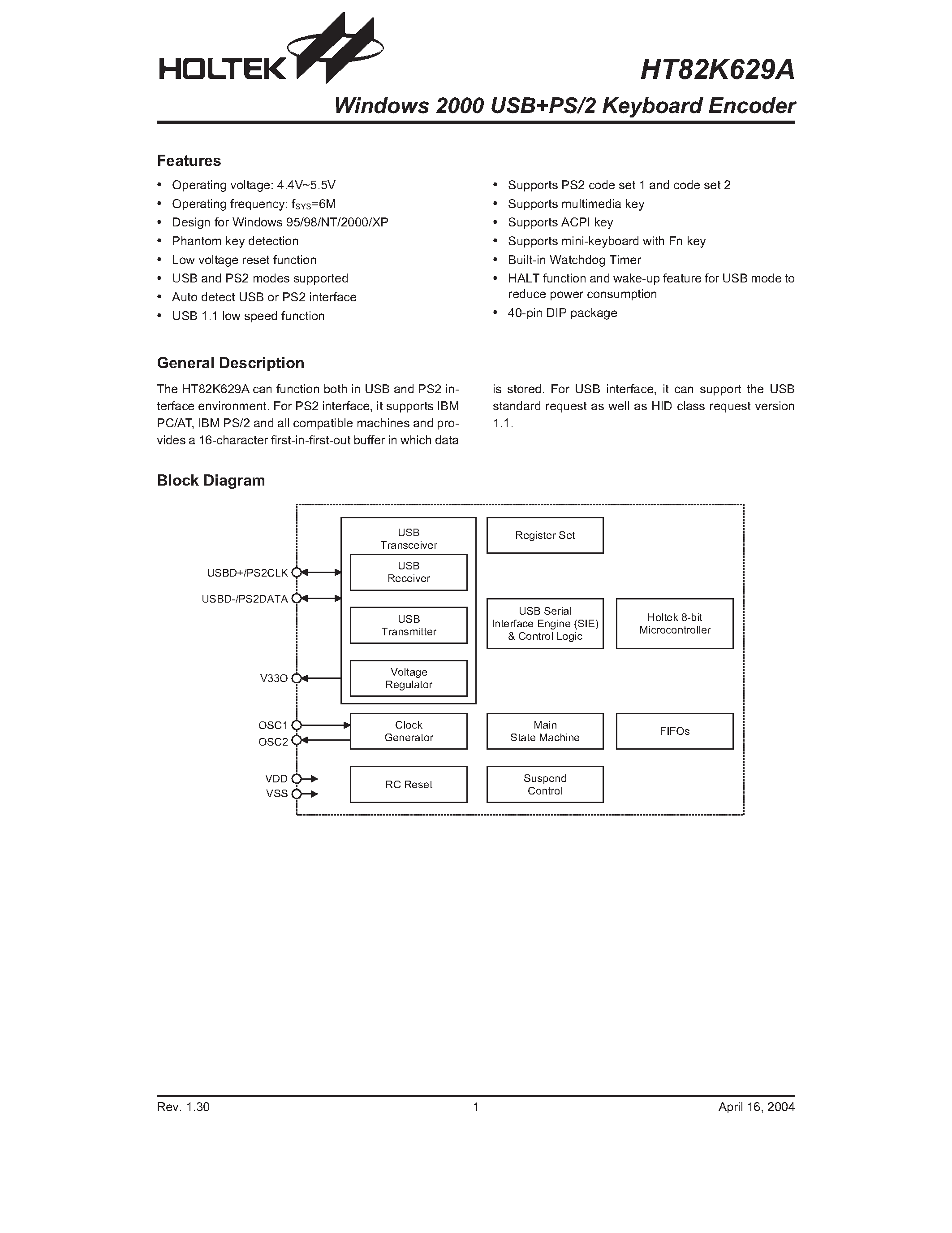 Datasheet HT82K629A - Windows 2000 USB+PS/2 Keyboard Encoder page 1