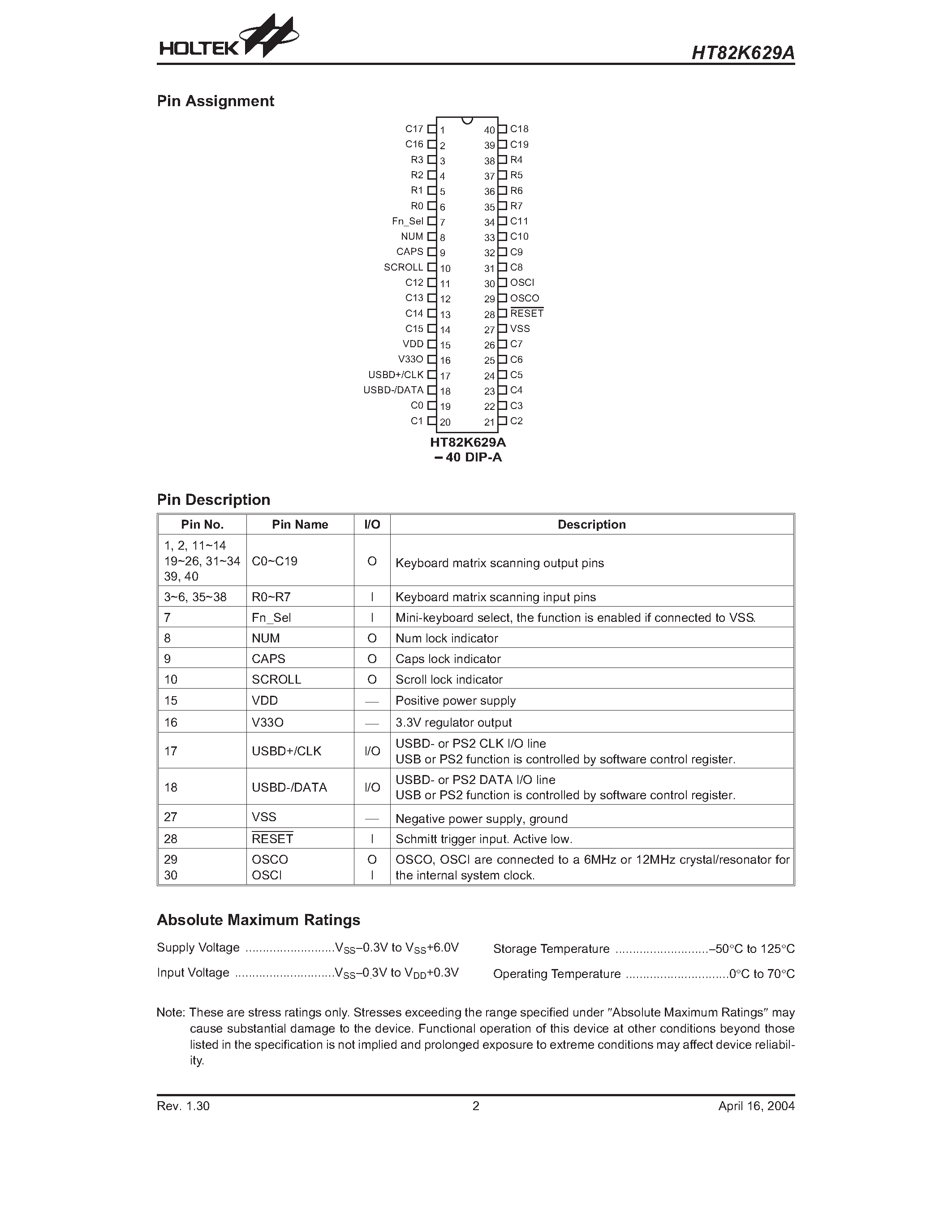 Datasheet HT82K629A - Windows 2000 USB+PS/2 Keyboard Encoder page 2