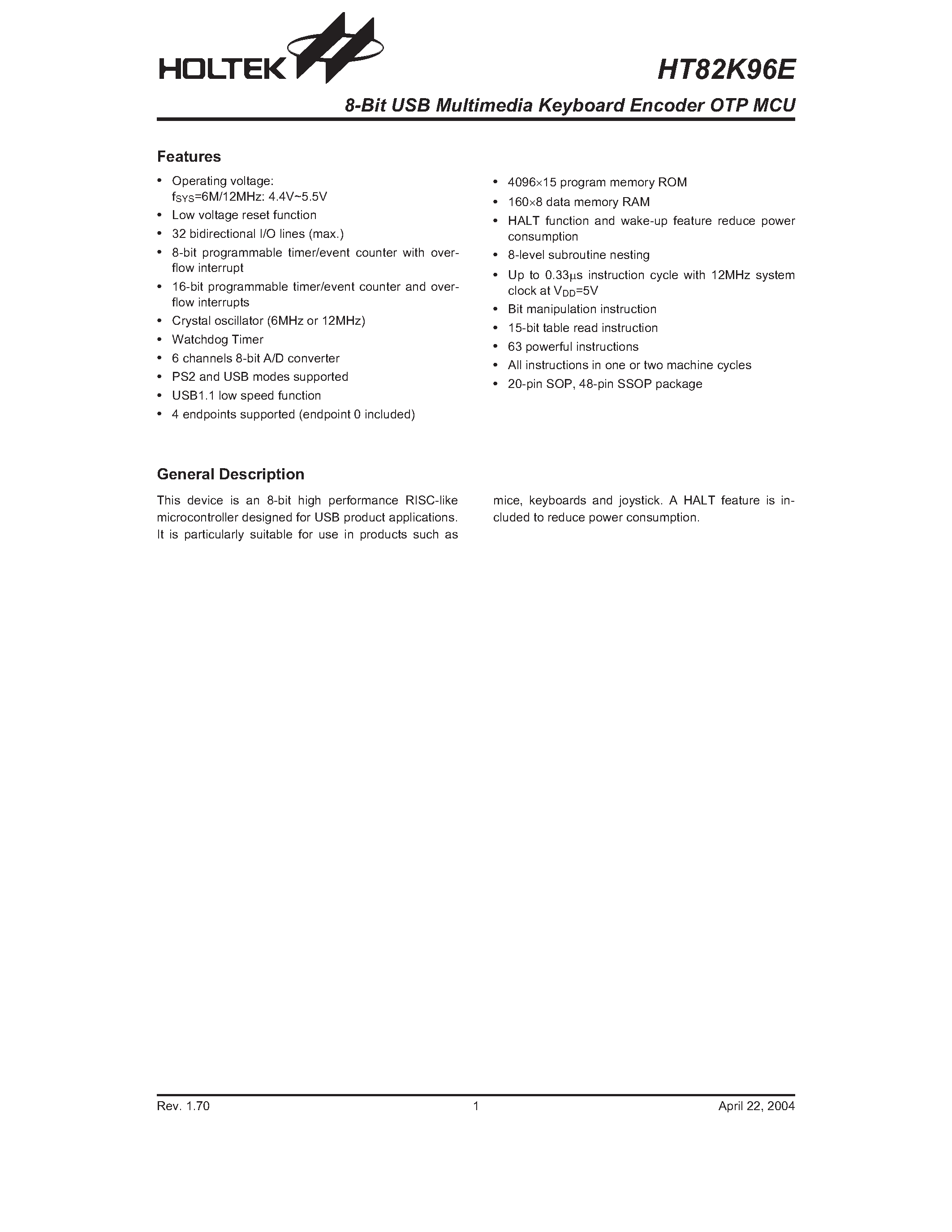 Datasheet HT82K96E - 8-Bit USB Multimedia Keyboard Encoder OTP MCU page 1