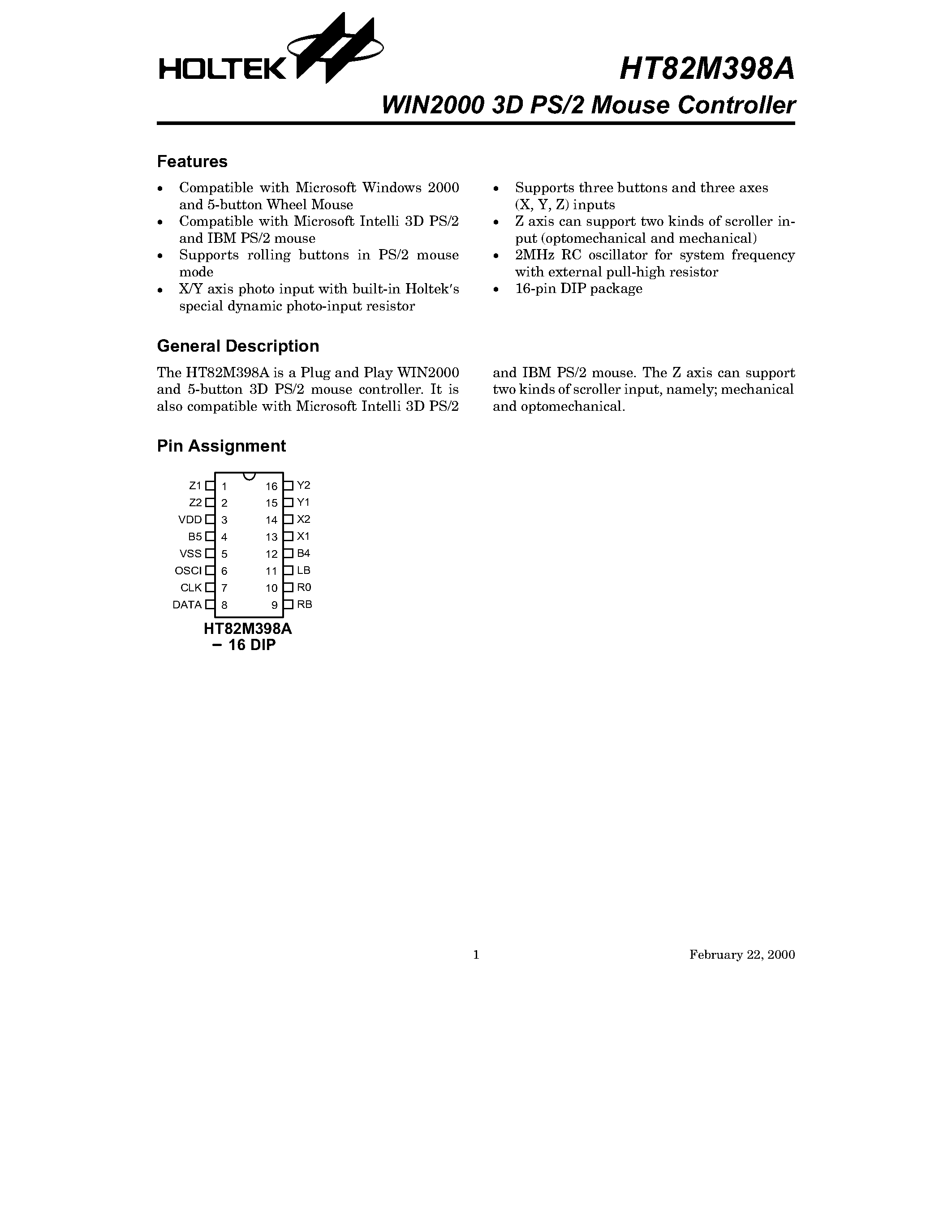 Datasheet HT82M398A - WIN2000 3D PS/2 Mouse Controller page 1