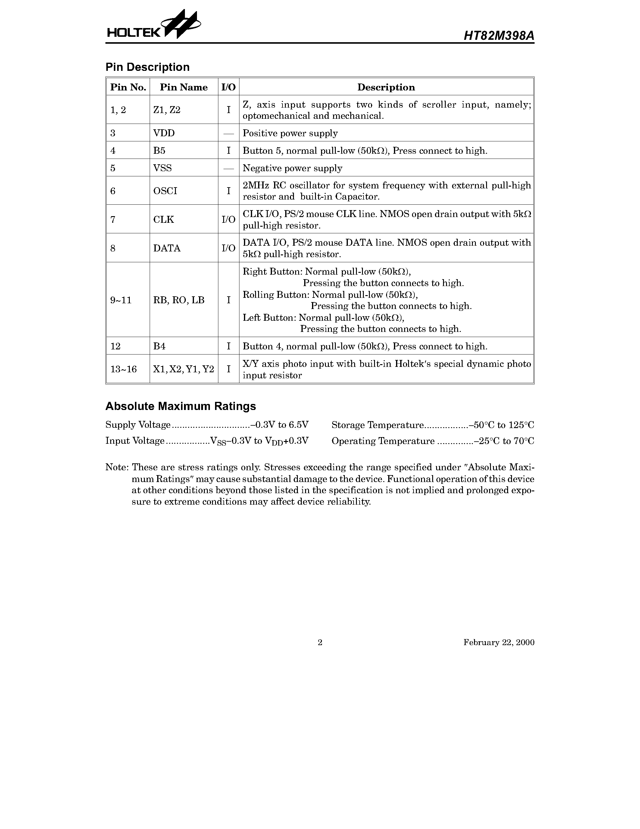 Datasheet HT82M398A - WIN2000 3D PS/2 Mouse Controller page 2