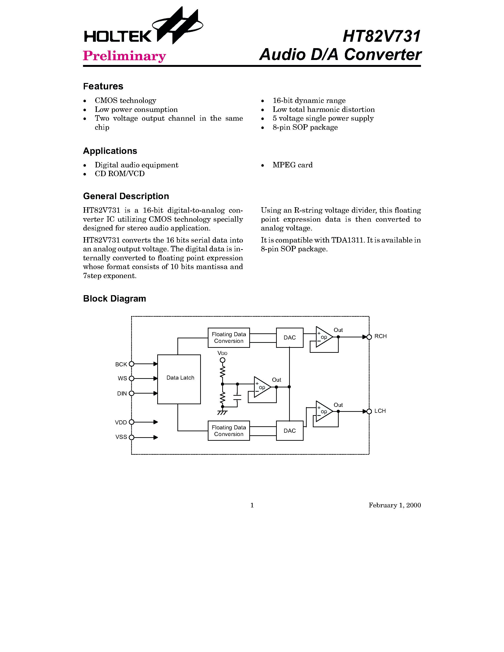 Даташит HT82V731 - Audio D/A Converter страница 1