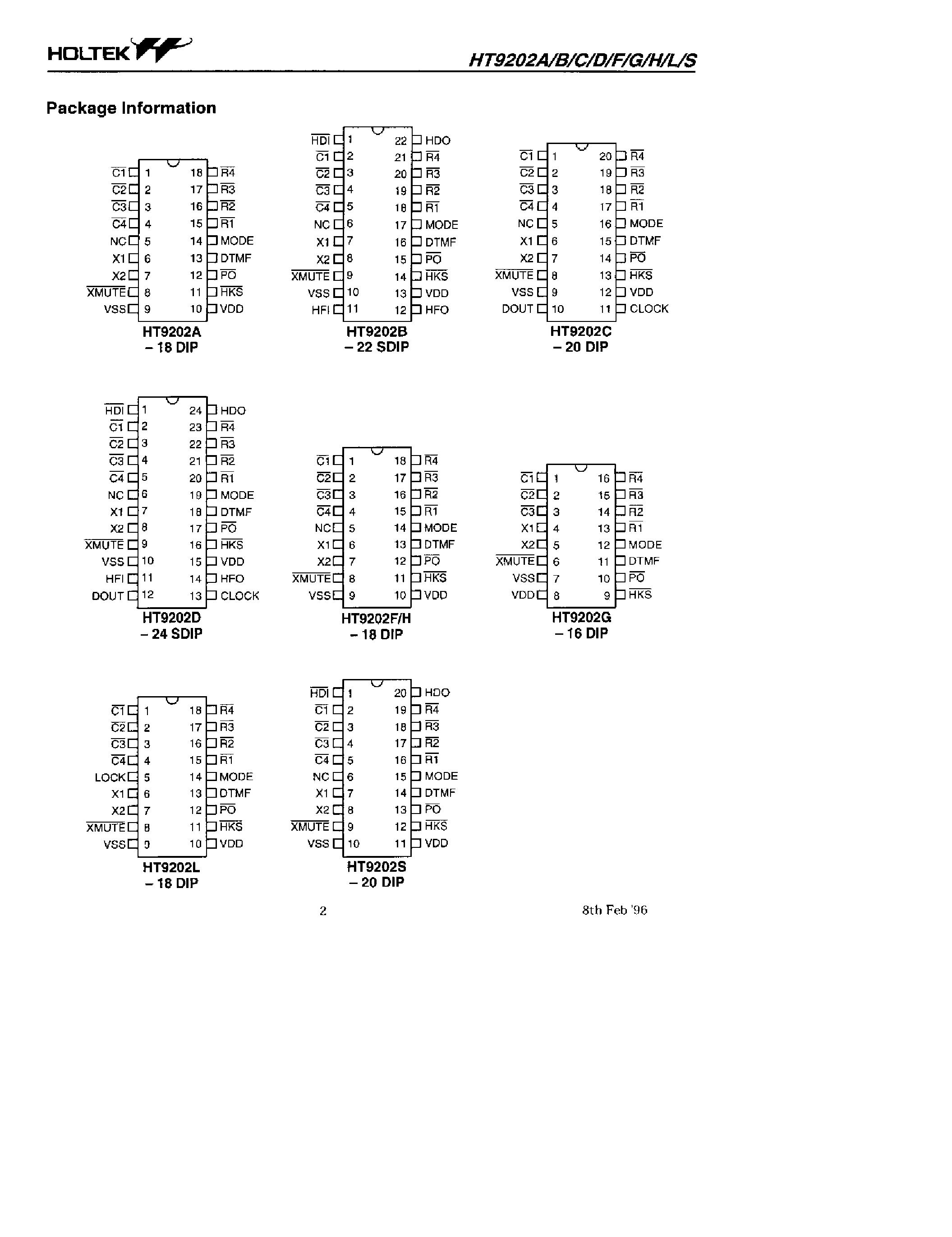 Datasheet HT9202D page 2 Datasheet HT9202D - 1-Memory/2-Memory Tone/Pulse Dialer page 2