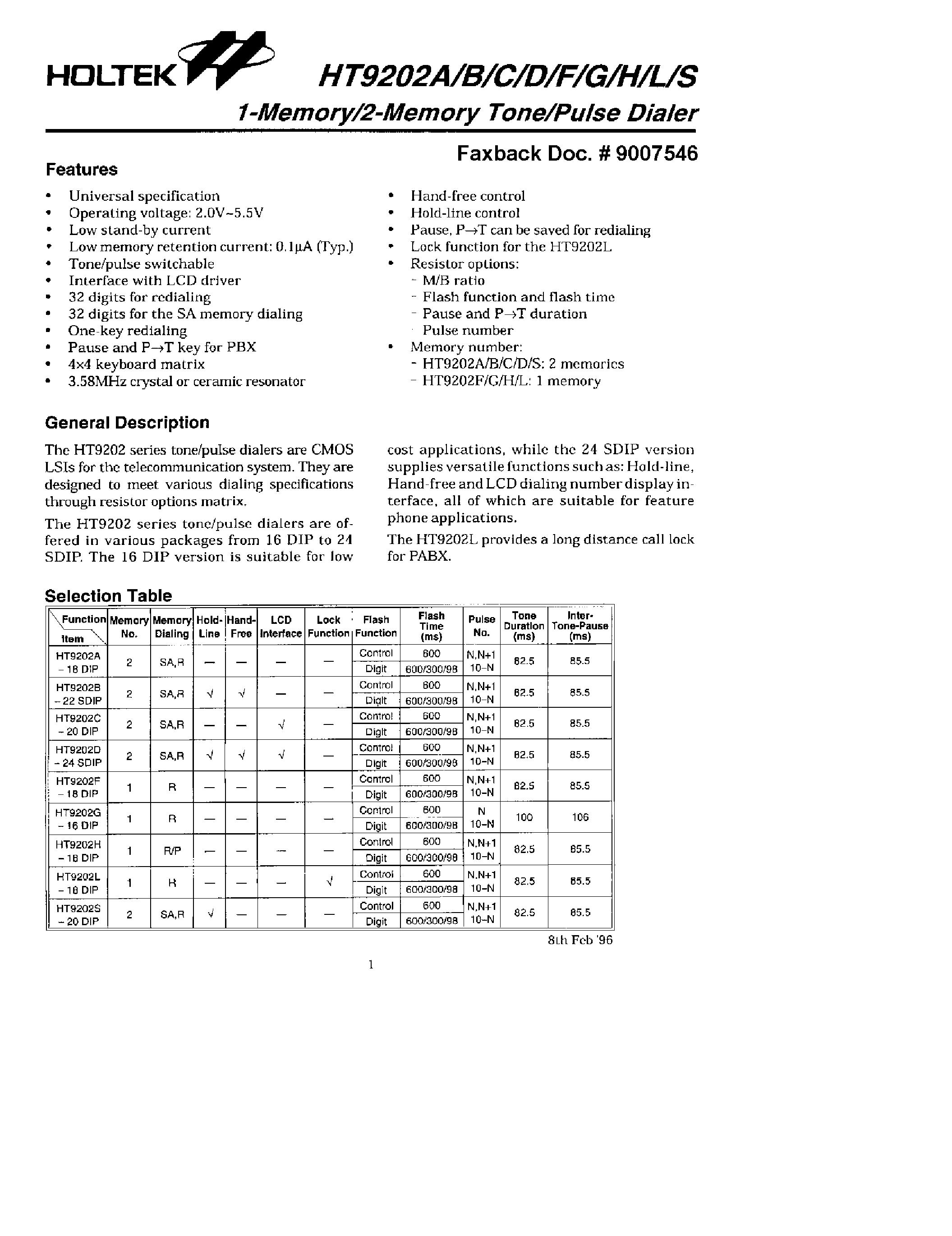 Datasheet HT9202F page 1 Datasheet HT9202F - 1-Memory/2-Memory Tone/Pulse Dialer page 1