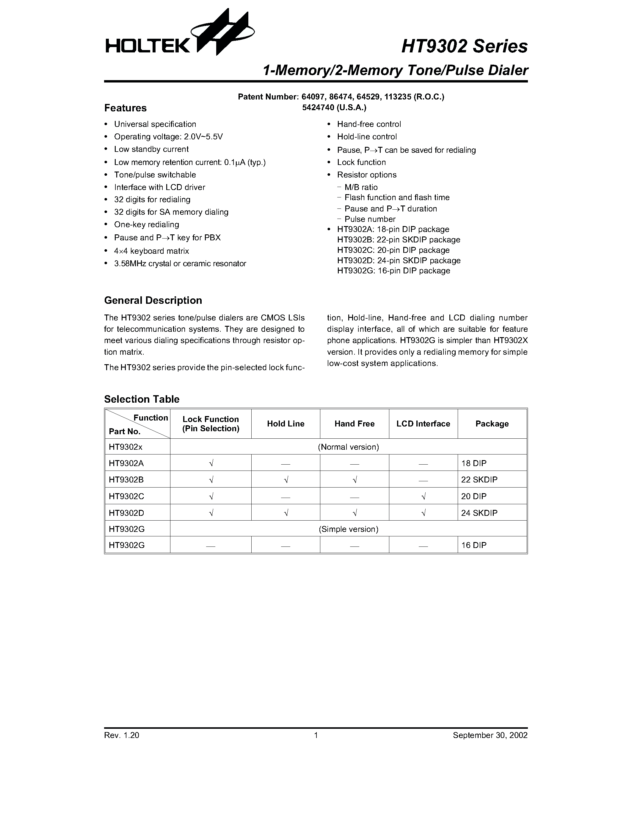 Datasheet HT9302B - 1-Memory/2-Memory Tone/Pulse Dialer page 1