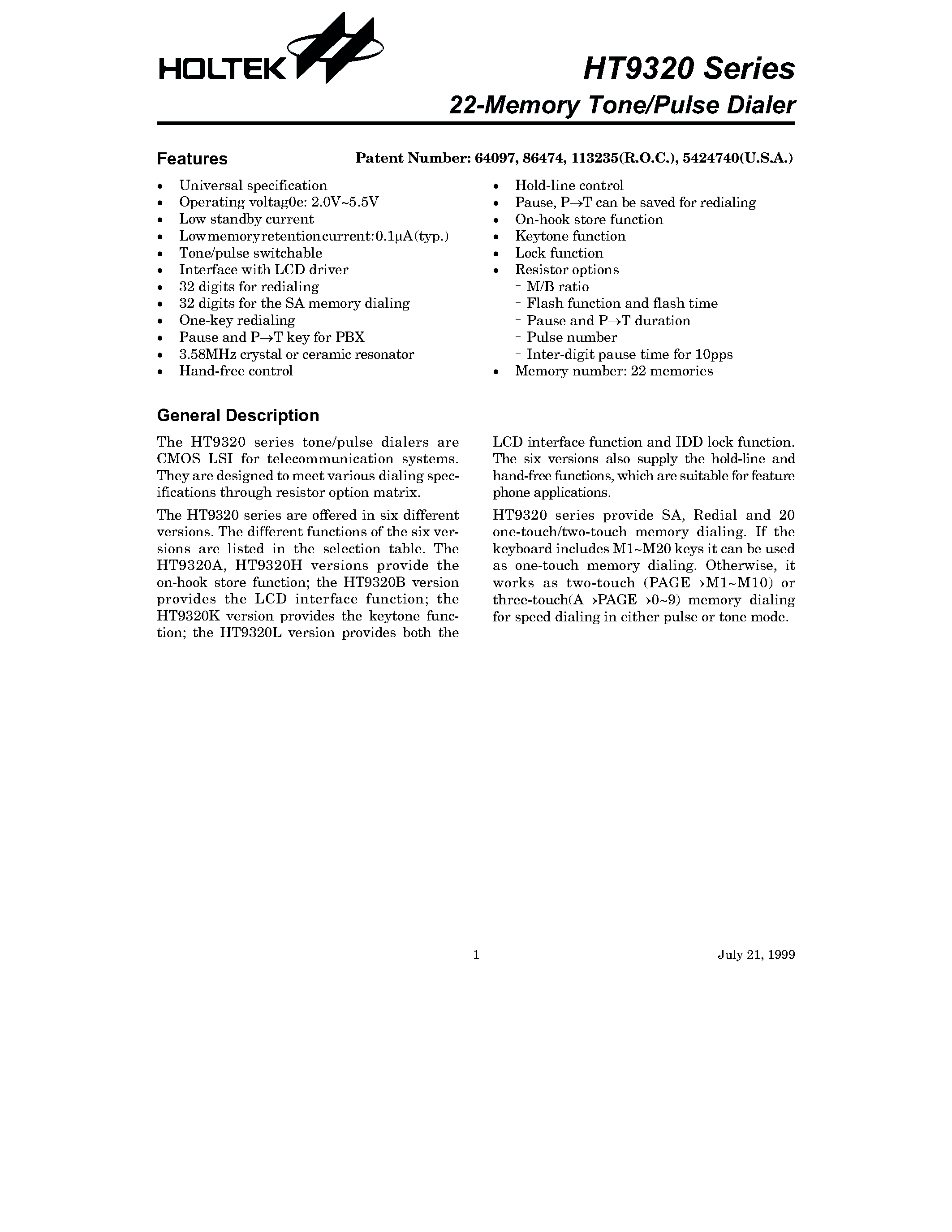 Datasheet HT9320L-X page 1 Datasheet HT9320L-X - 22-Memory Tone/Pulse Dialer page 1