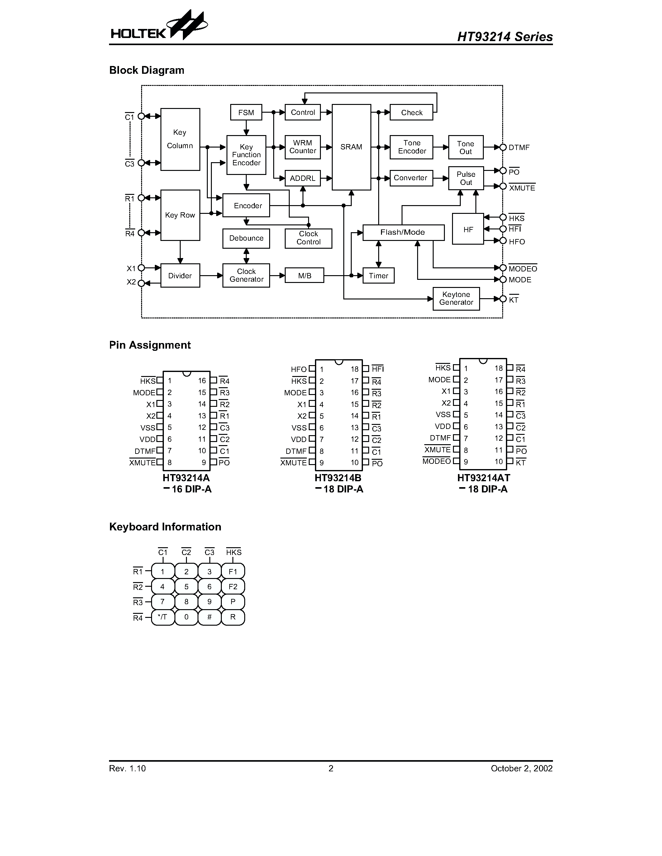 Даташит на микросхему HT93214A страница 2 Даташит HT93214A - 1-memory Tone/Pulse Dialer страница 2