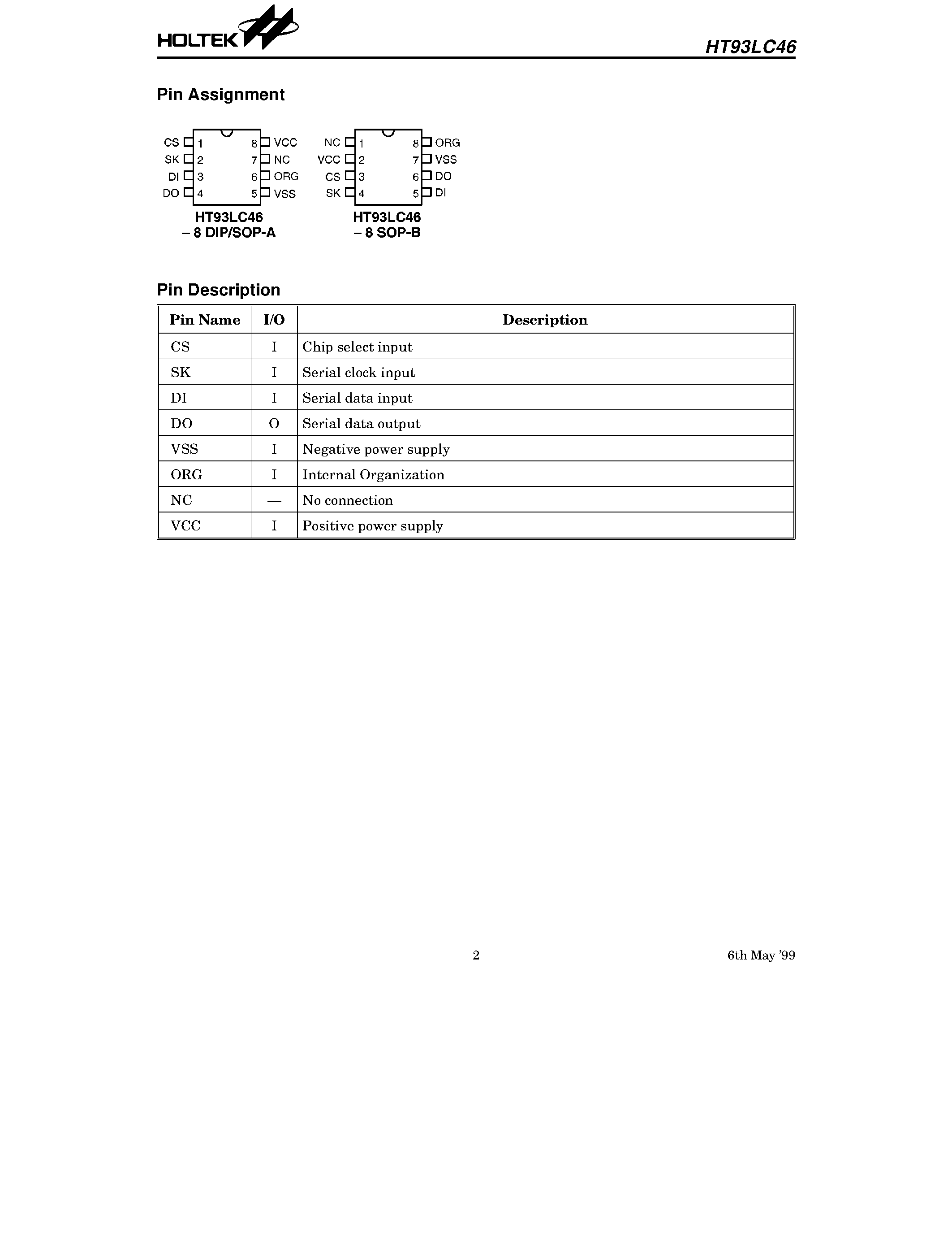 Даташит HT93LC46 - 1K 3-Wire CMOS Serial EEPROM страница 2