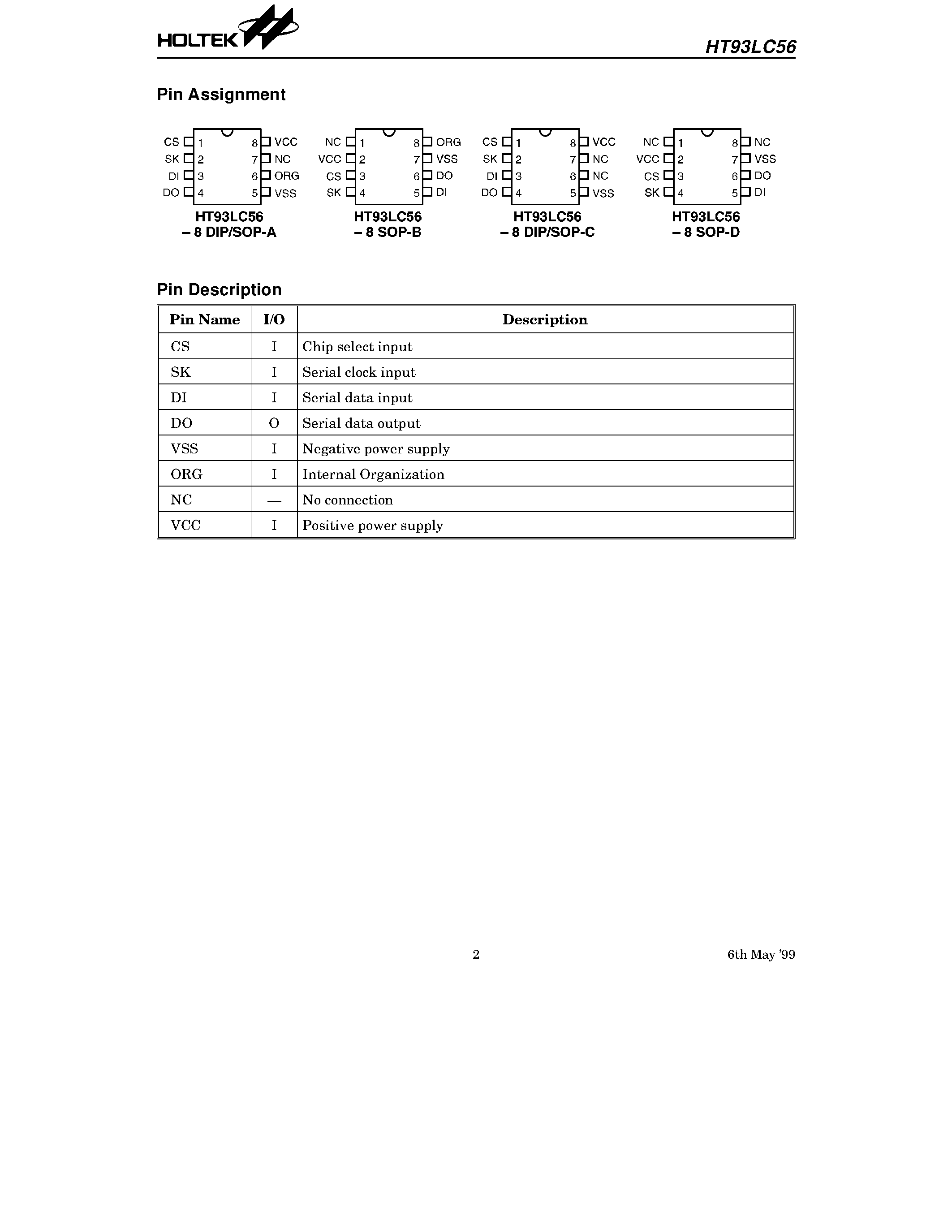 Даташит HT93LC56 - 2K 3-Wire CMOS Serial EEPROM страница 2