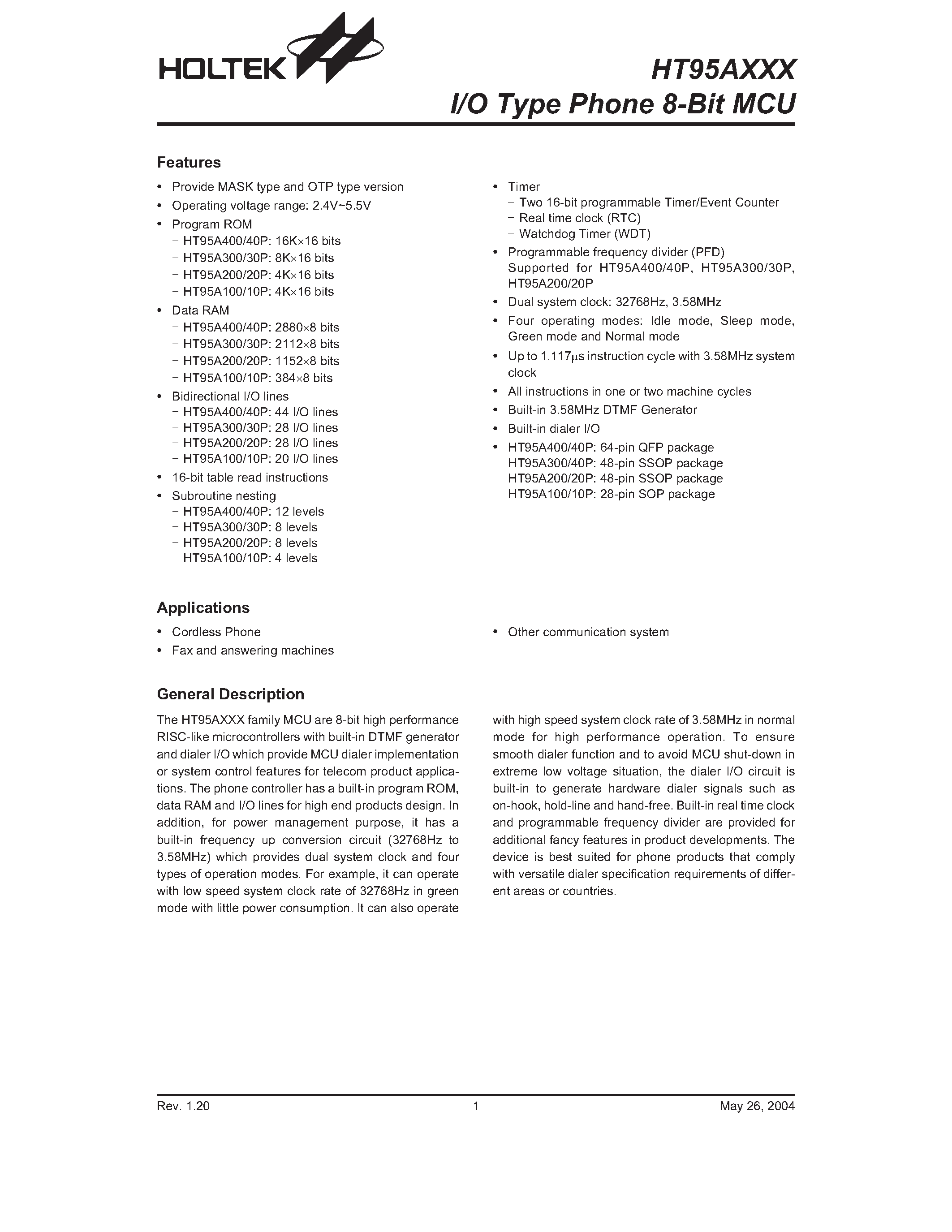 Datasheet HT95A200 page 1 Datasheet HT95A200 - I/O Type Phone 8-Bit MCU page 1