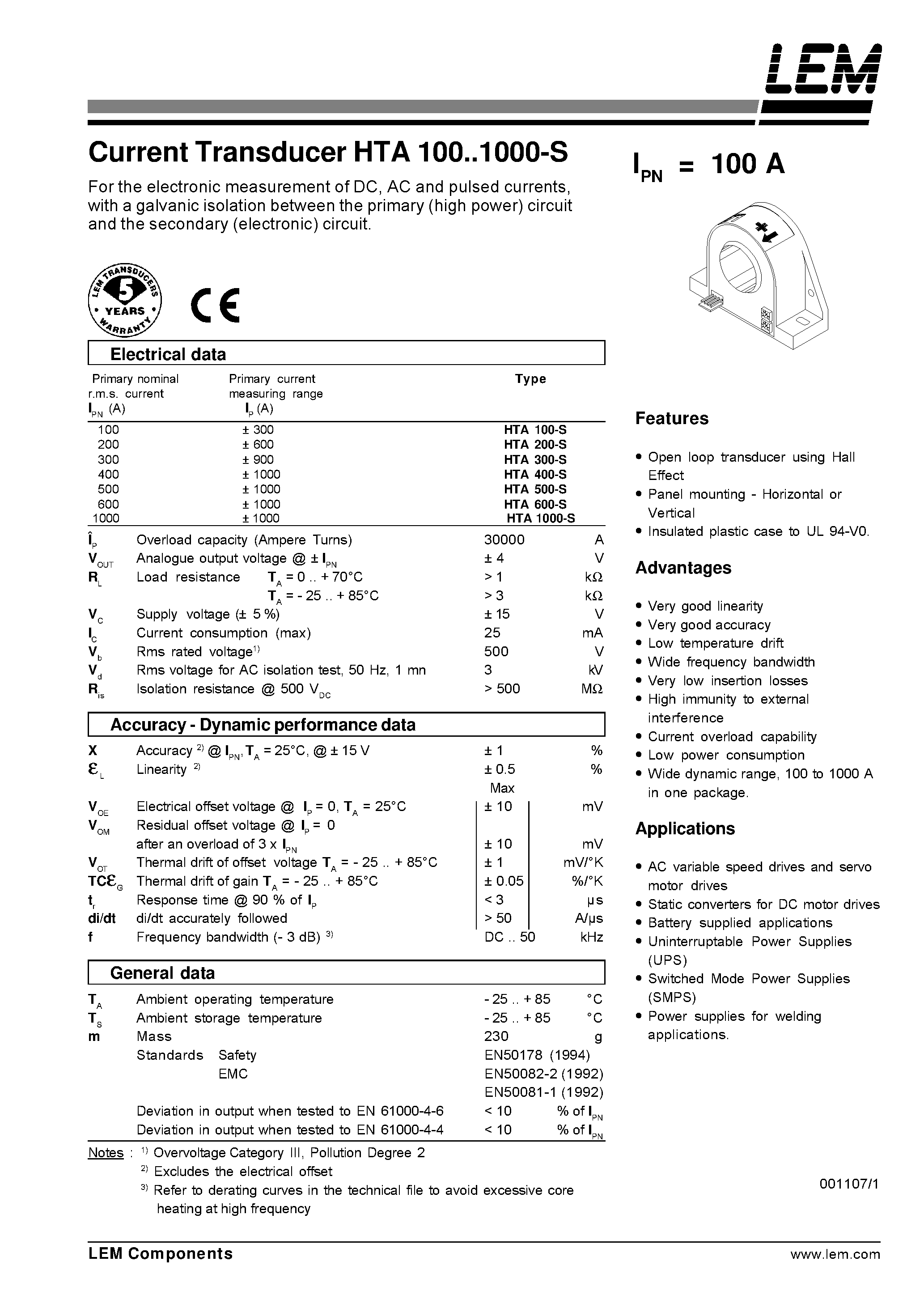 Datasheet HTA100-S - Current Transducer HTA 100~1000-S page 1