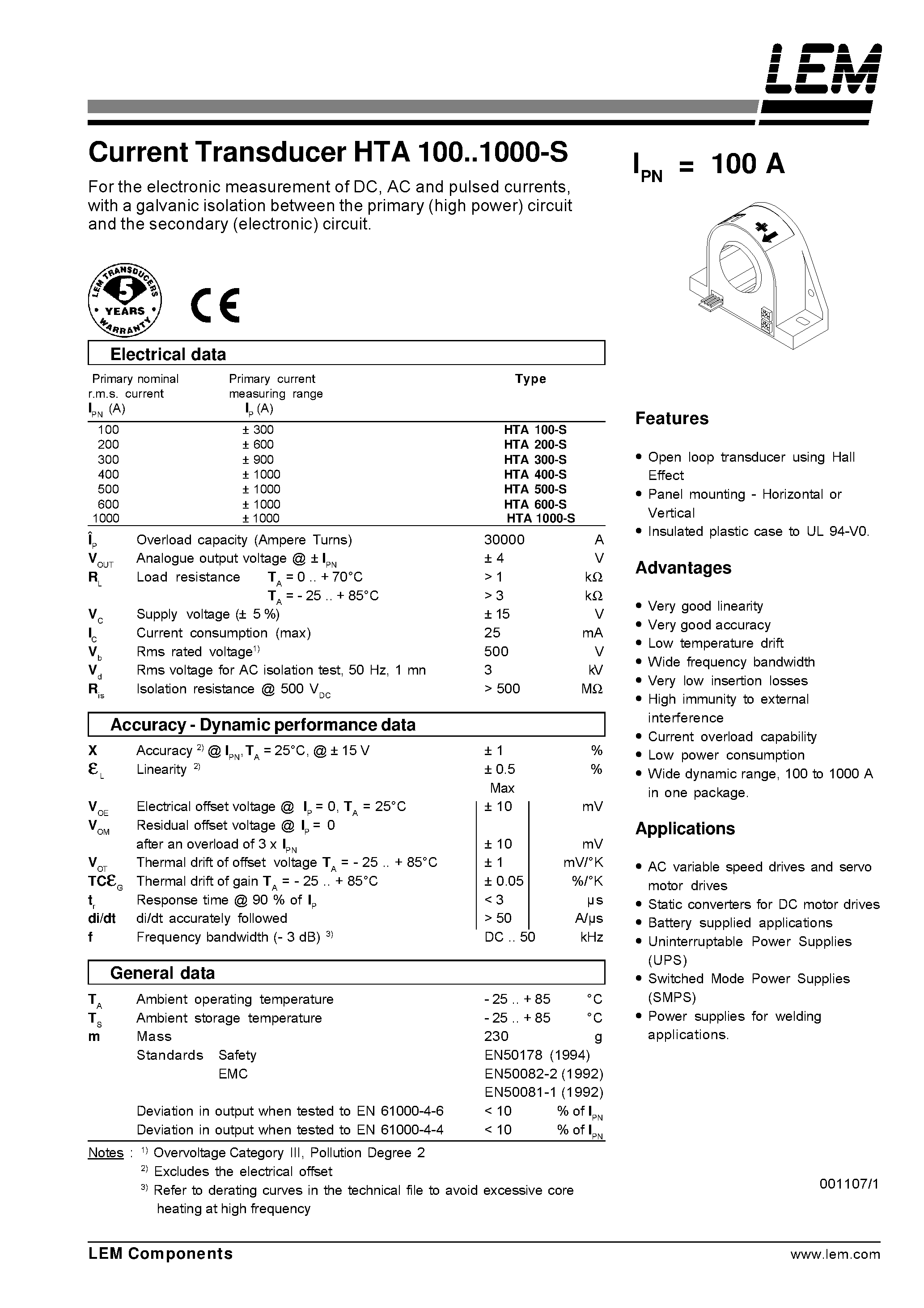 Даташит HTA1000-S - Current Transducer HTA 100~1000-S страница 1