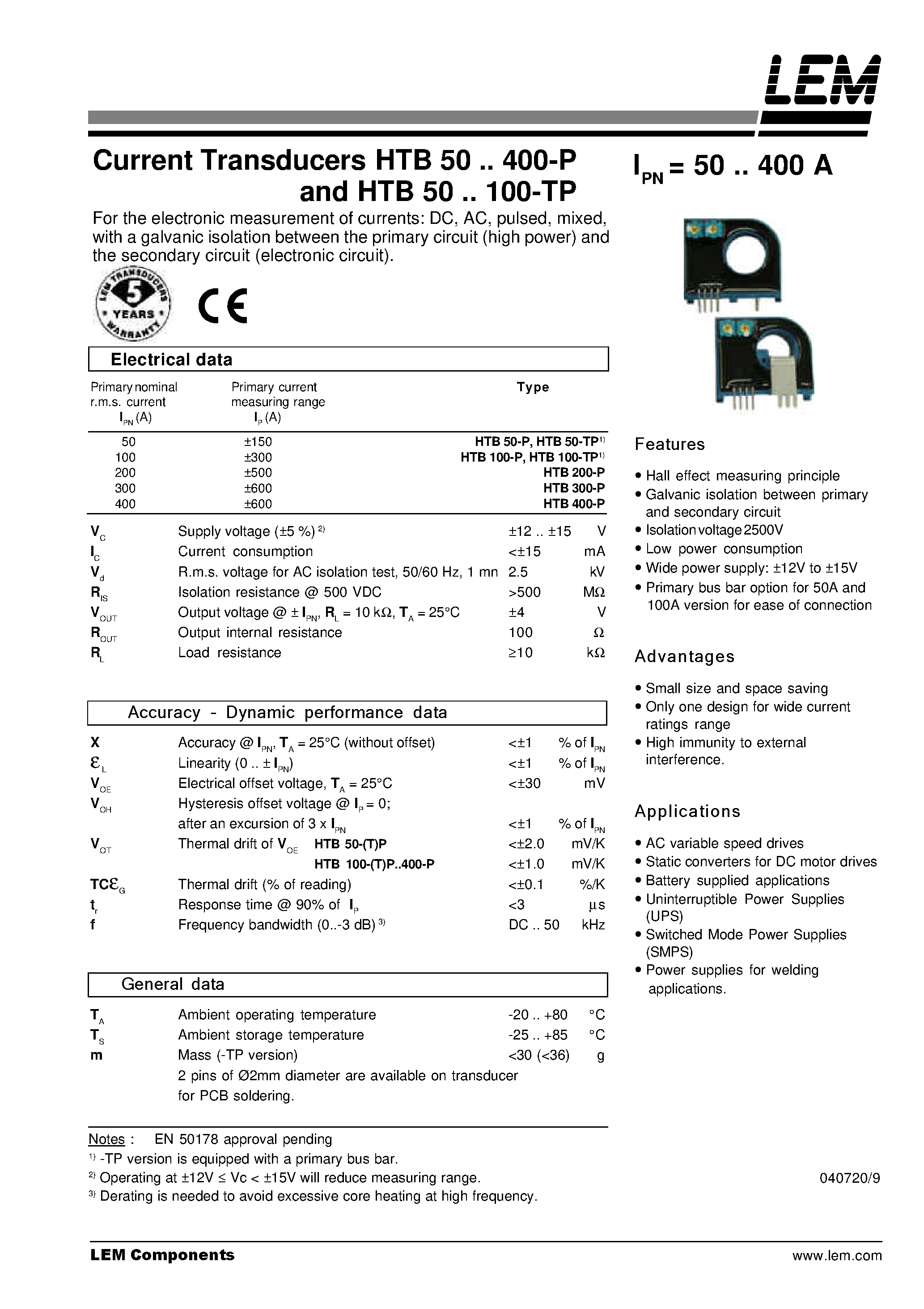 Datasheet HTB50-TP - Current Transducers HTB 50~400-P and HTB 50~100-TP page 1
