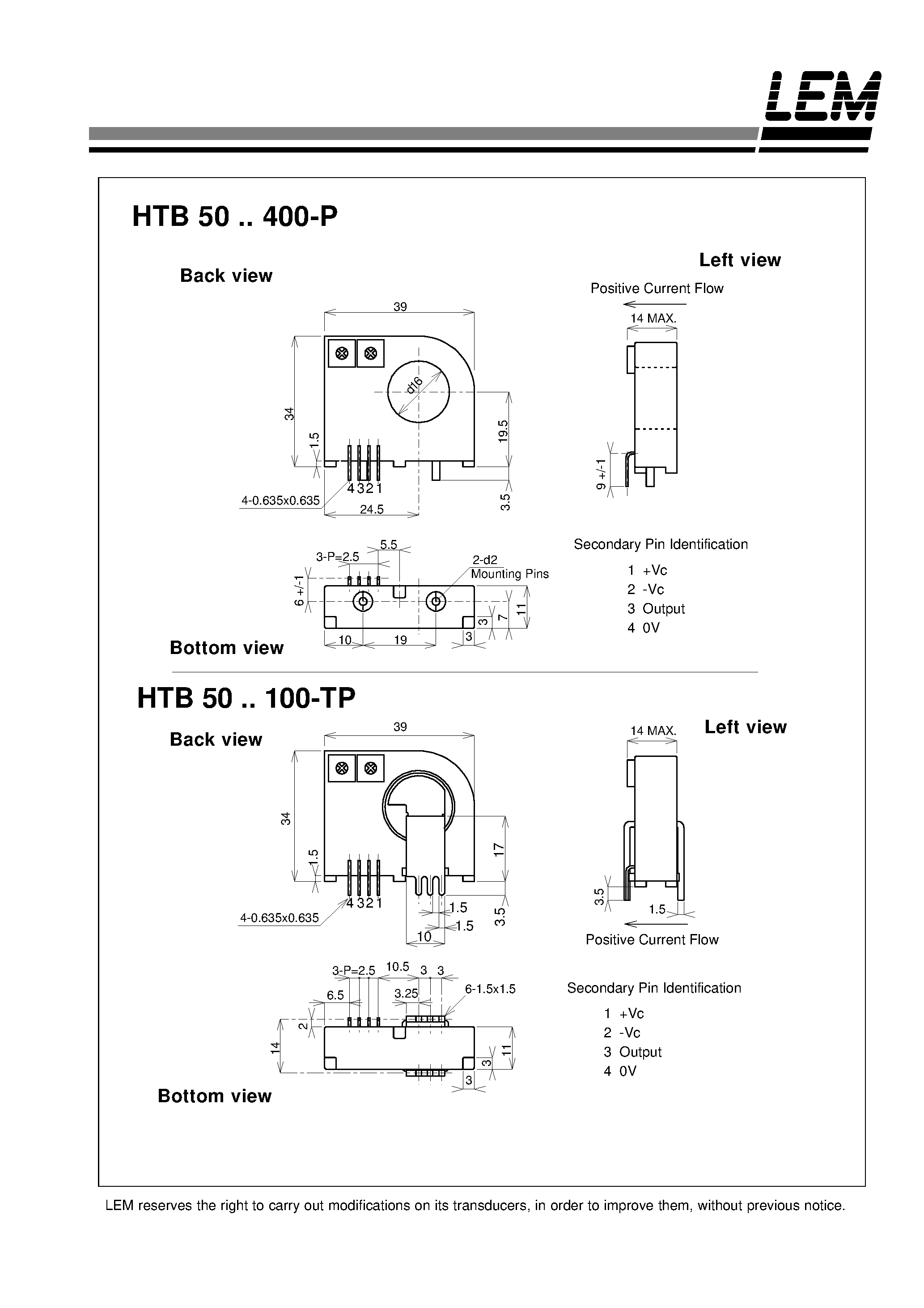 Datasheet HTB50-TP - Current Transducers HTB 50~400-P and HTB 50~100-TP page 2