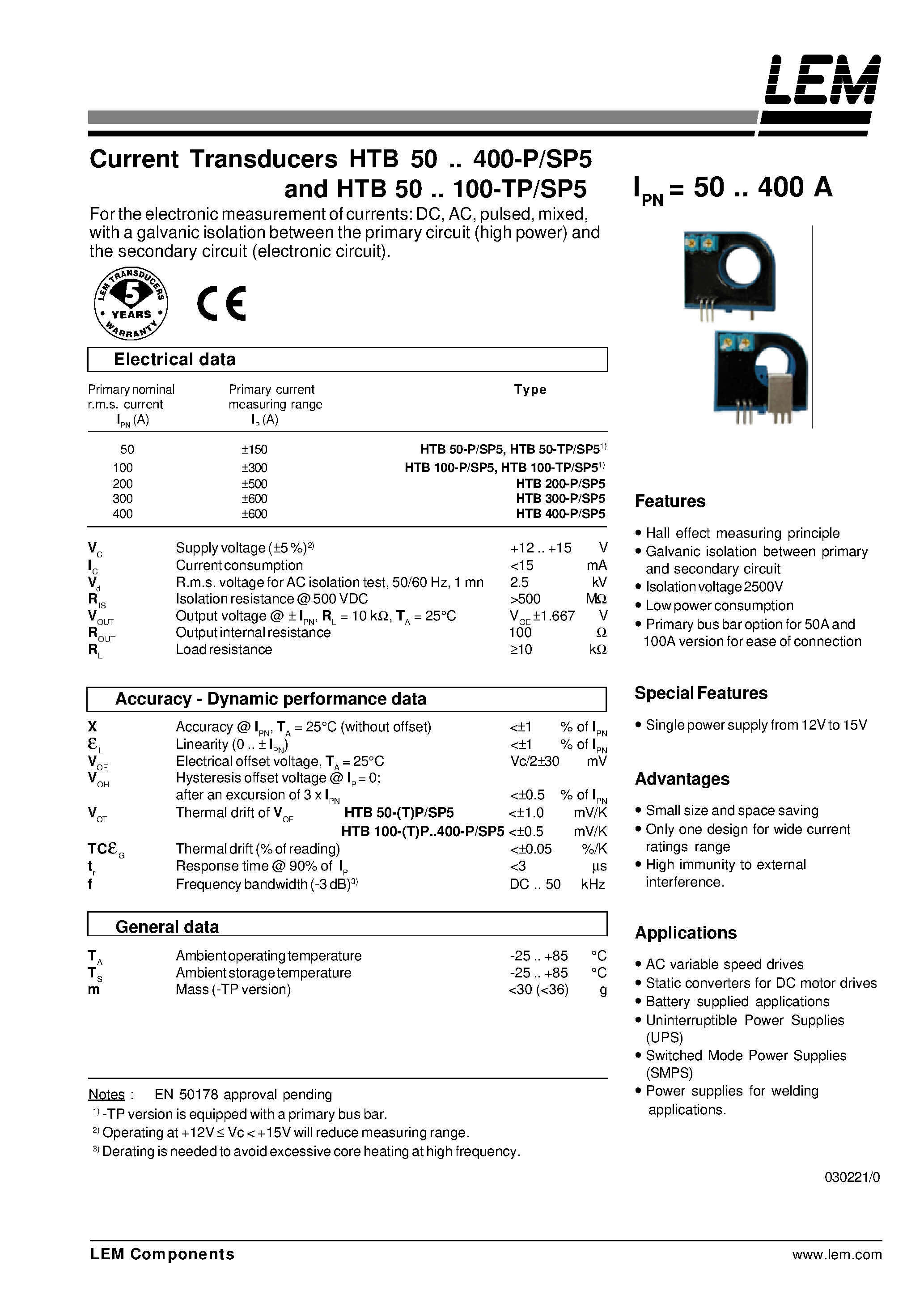 Datasheet HTB50-TP/SP5 - Current Transducers HTB 50~400-P/SP5 and HTB 50~100-TP/SP5 page 1