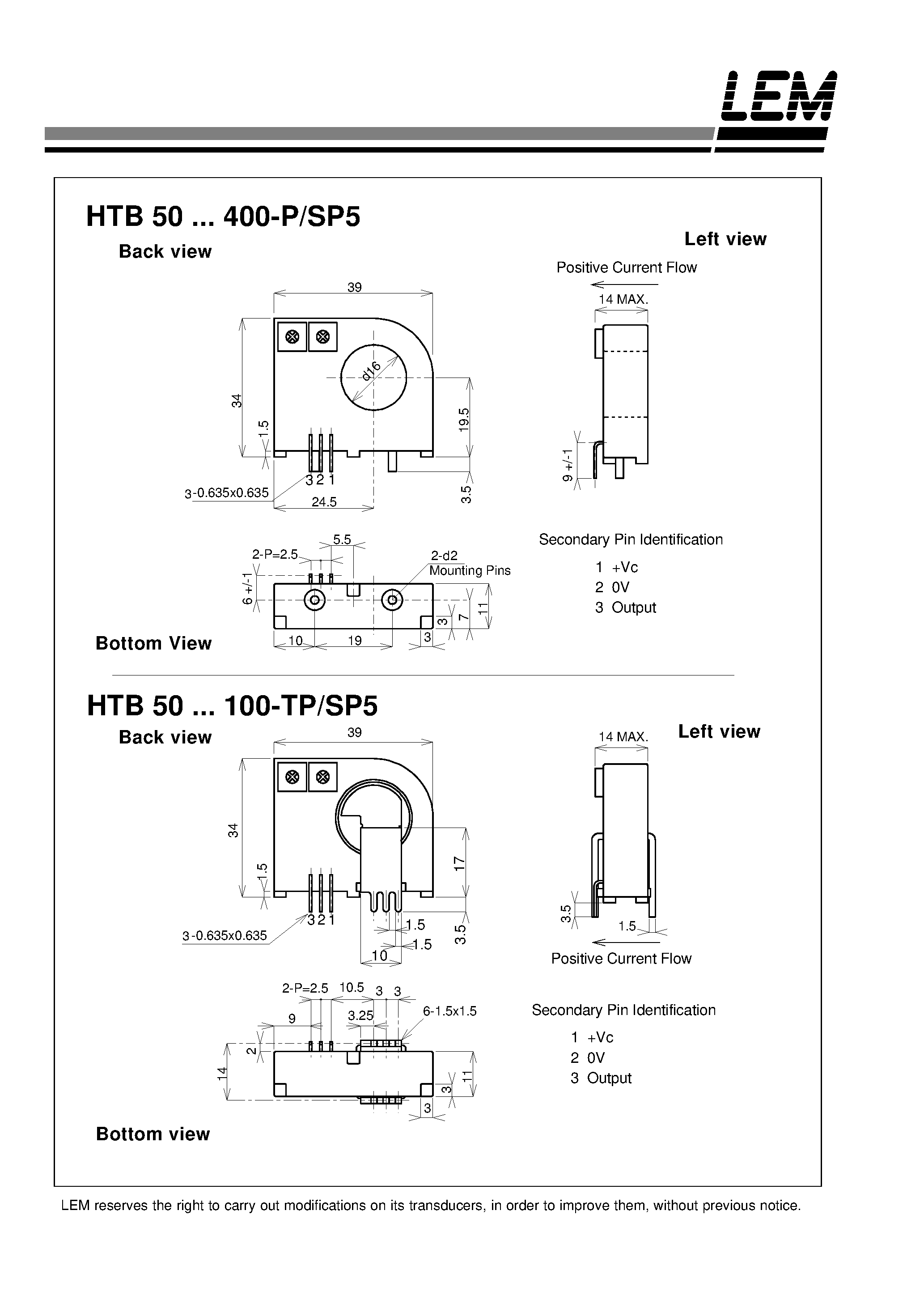 Datasheet HTB50-TP/SP5 - Current Transducers HTB 50~400-P/SP5 and HTB 50~100-TP/SP5 page 2