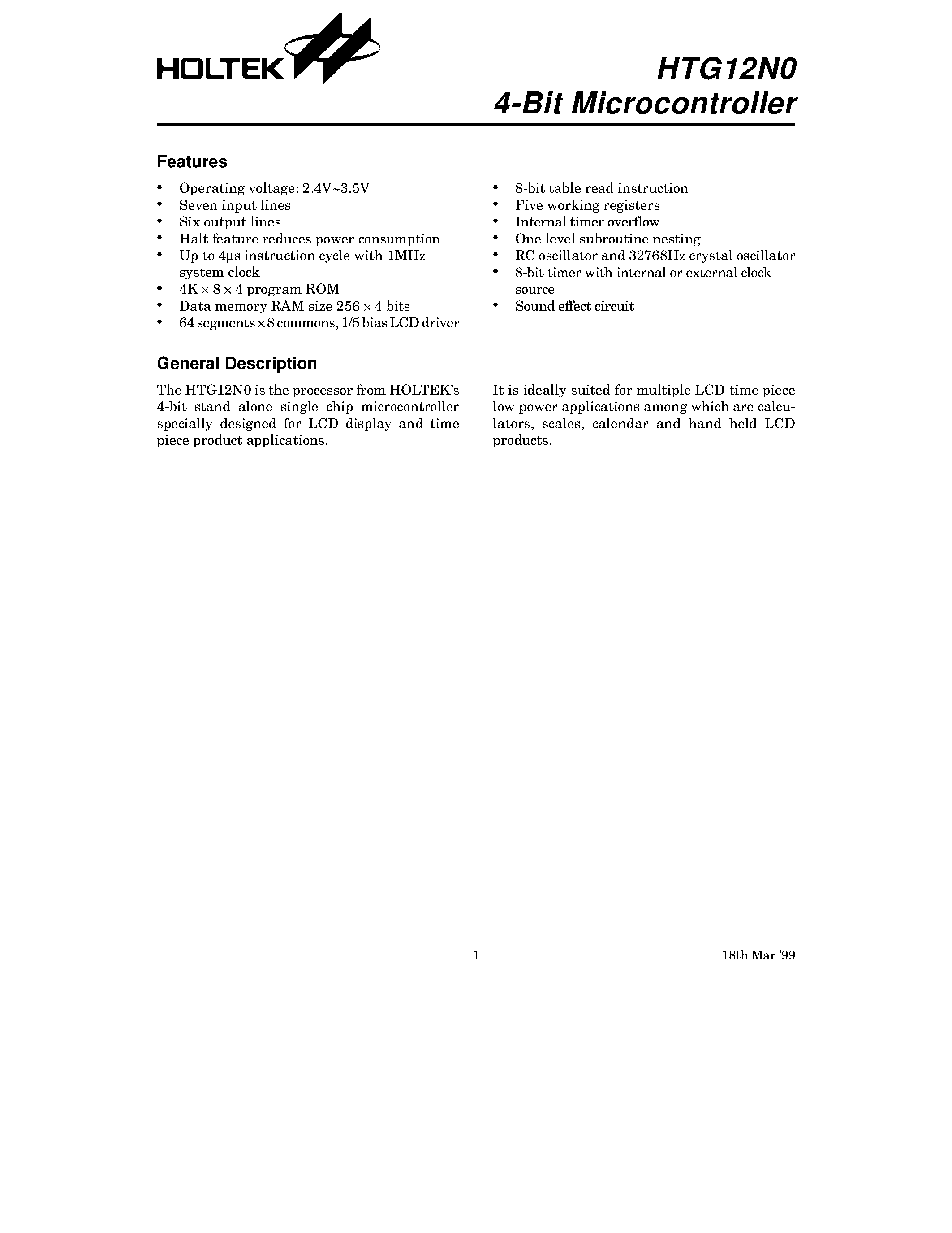 Даташит HTG12N0 - 4-Bit Microcontroller страница 1