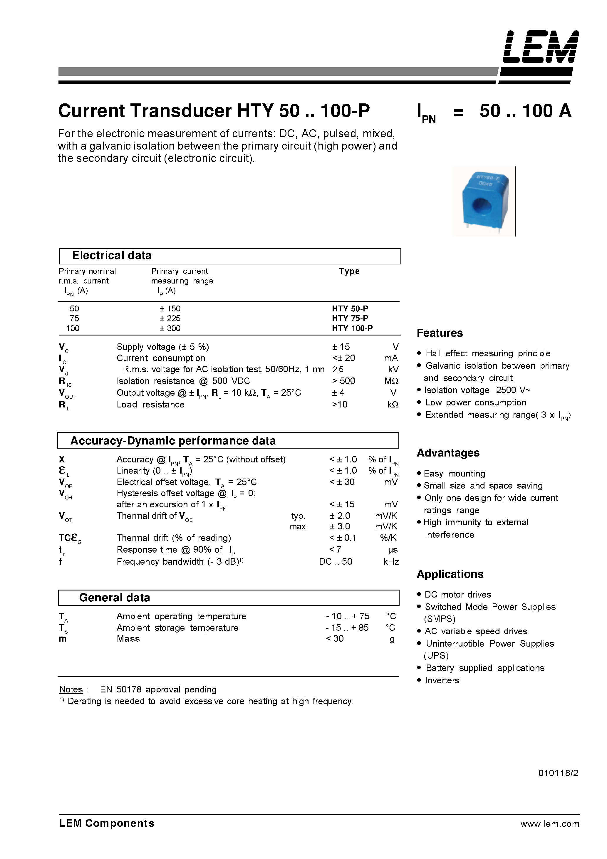 Datasheet HTY100-P - Current Transducer HTY 50~100-P page 1