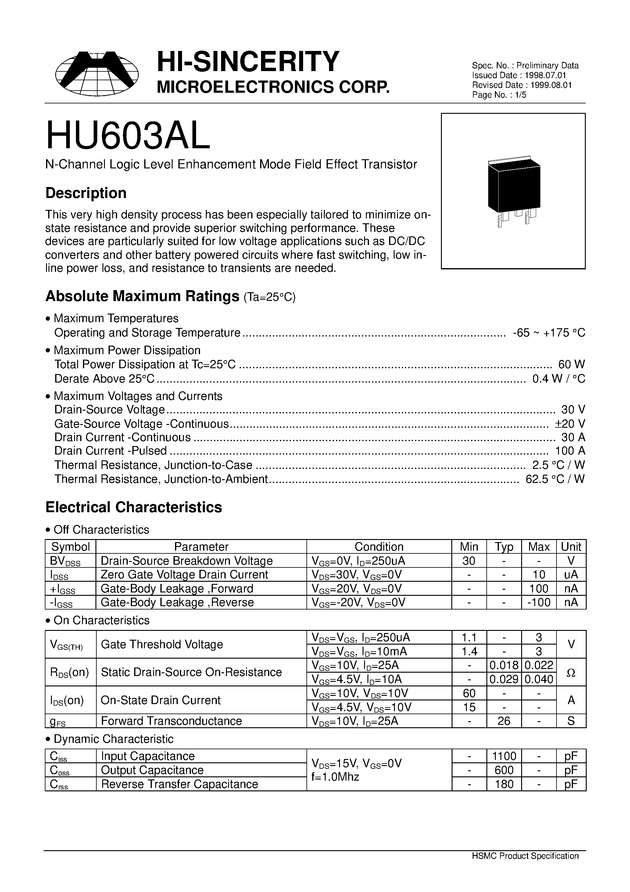 Datasheet HU603AL - N-Channel Logic Level Enhancement Mode Field Effect Transistor page 1