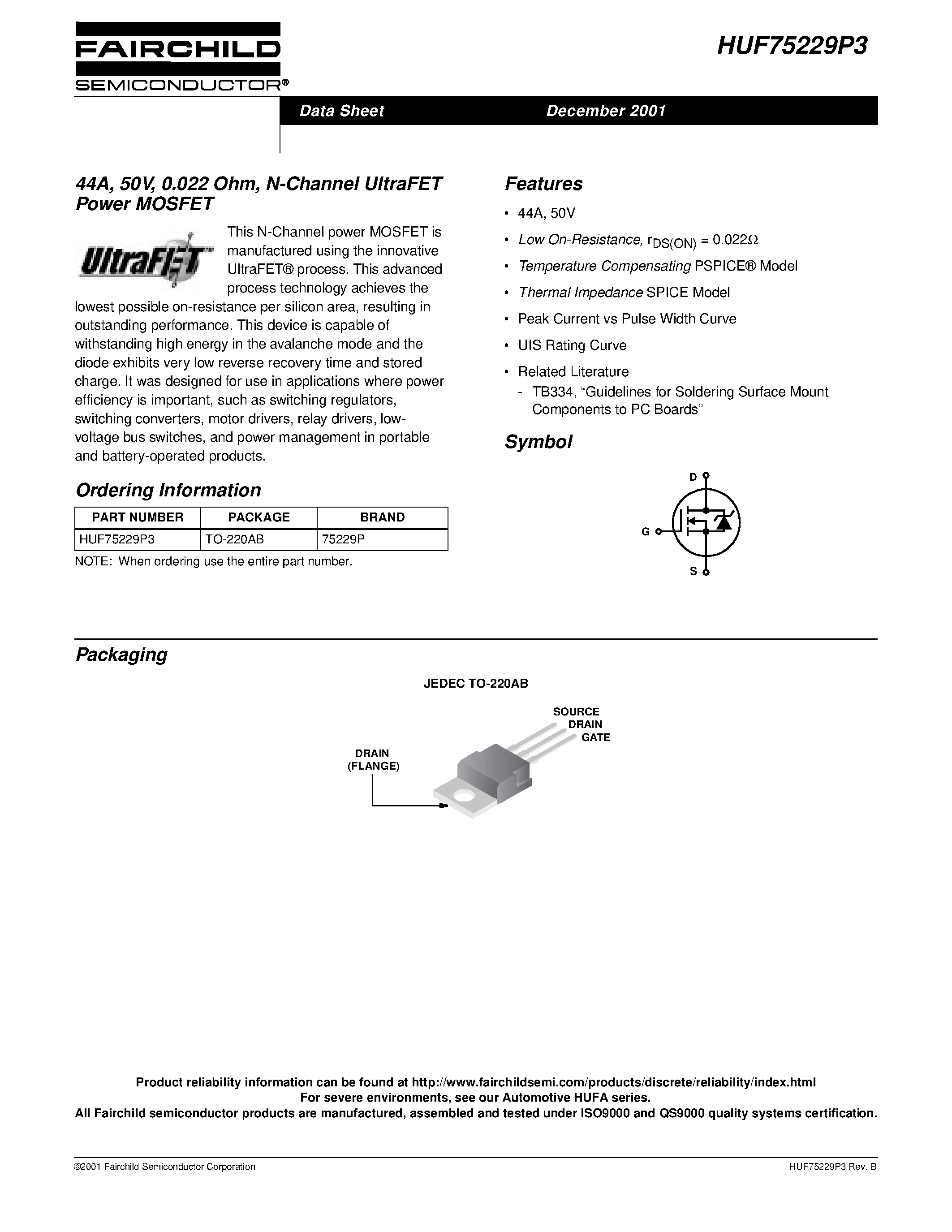 Datasheet HUF75229P3 - 44A/ 50V/ 0.022 Ohm/ N-Channel UltraFET Power MOSFET page 1
