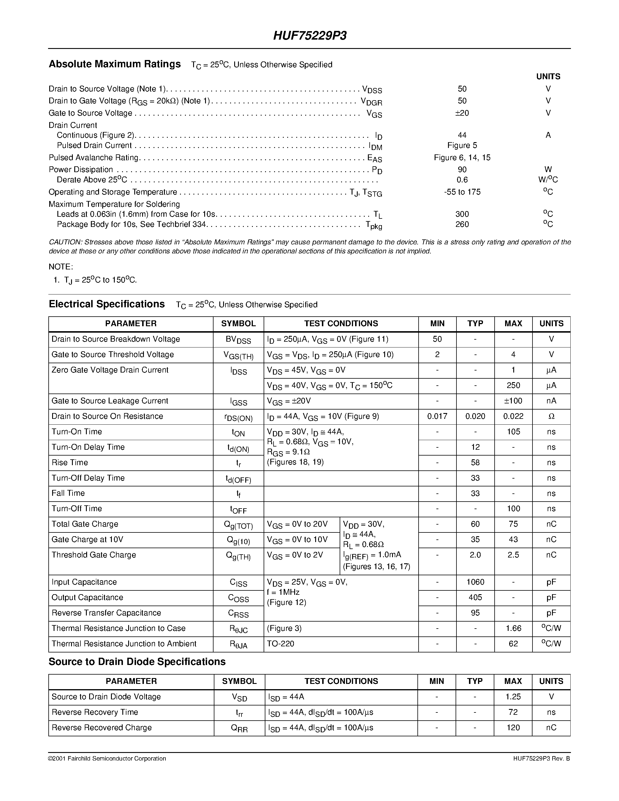 Datasheet HUF75229P3 - 44A/ 50V/ 0.022 Ohm/ N-Channel UltraFET Power MOSFET page 2