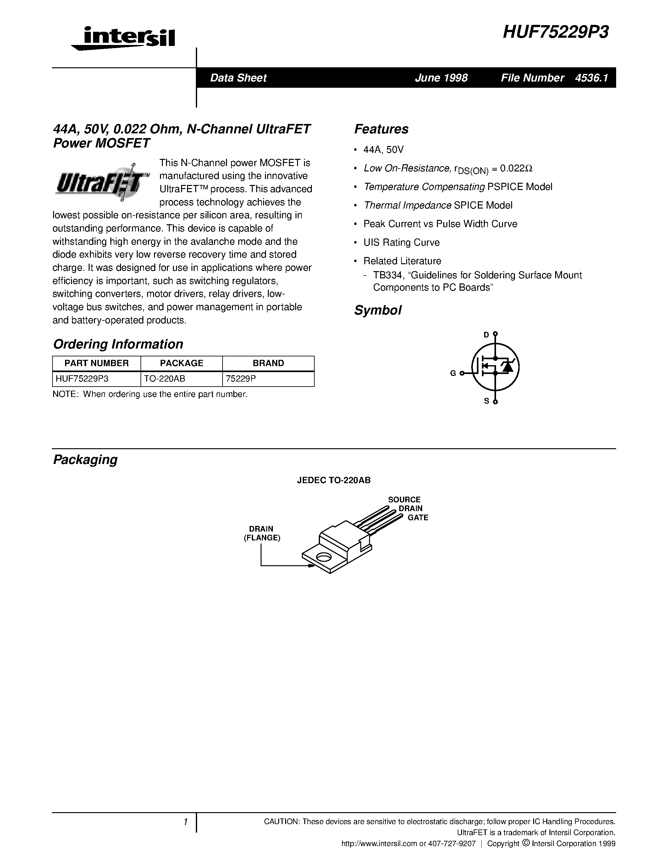 Datasheet HUF75229P3 - 44A/ 50V/ 0.022 Ohm/ N-Channel UltraFET Power MOSFET page 1