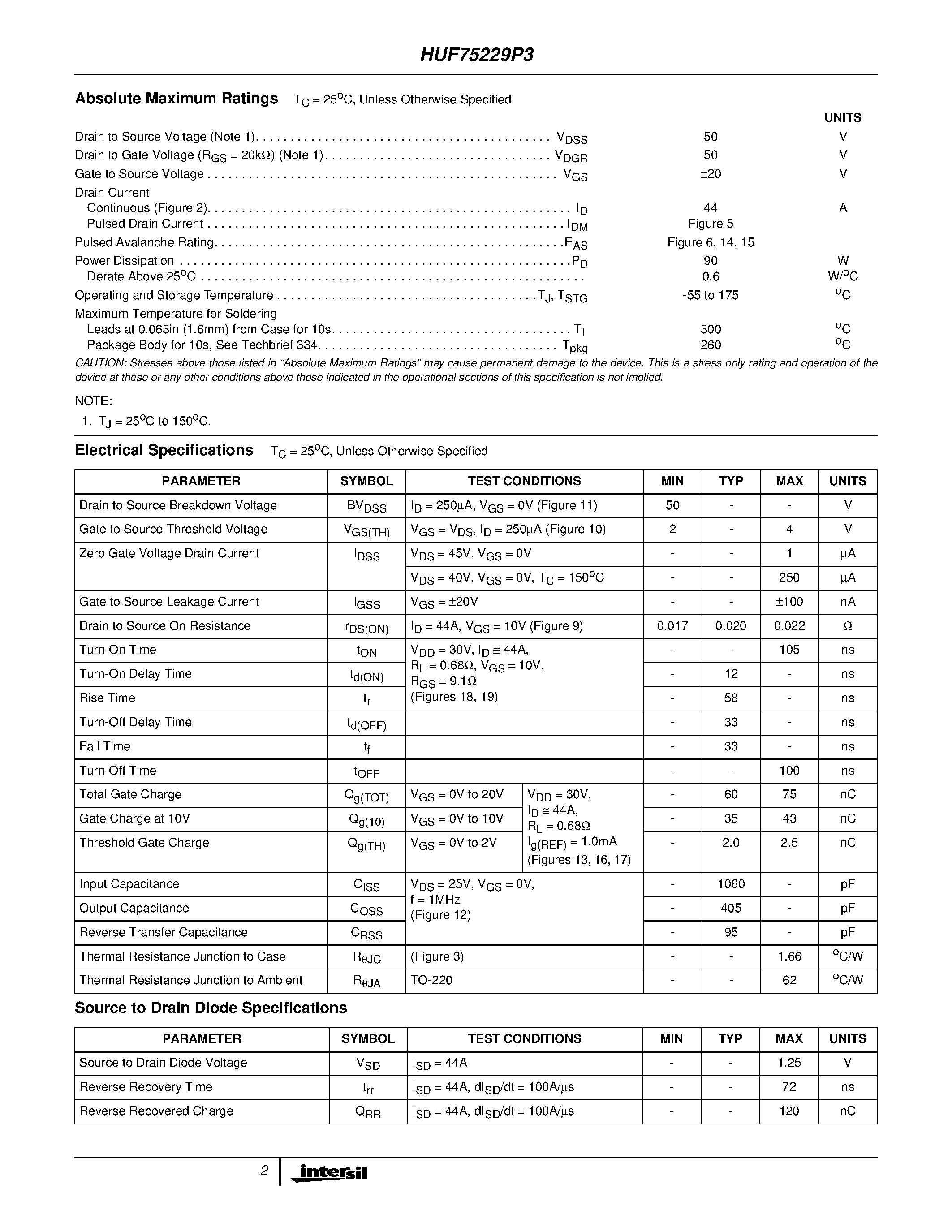 Datasheet HUF75229P3 - 44A/ 50V/ 0.022 Ohm/ N-Channel UltraFET Power MOSFET page 2
