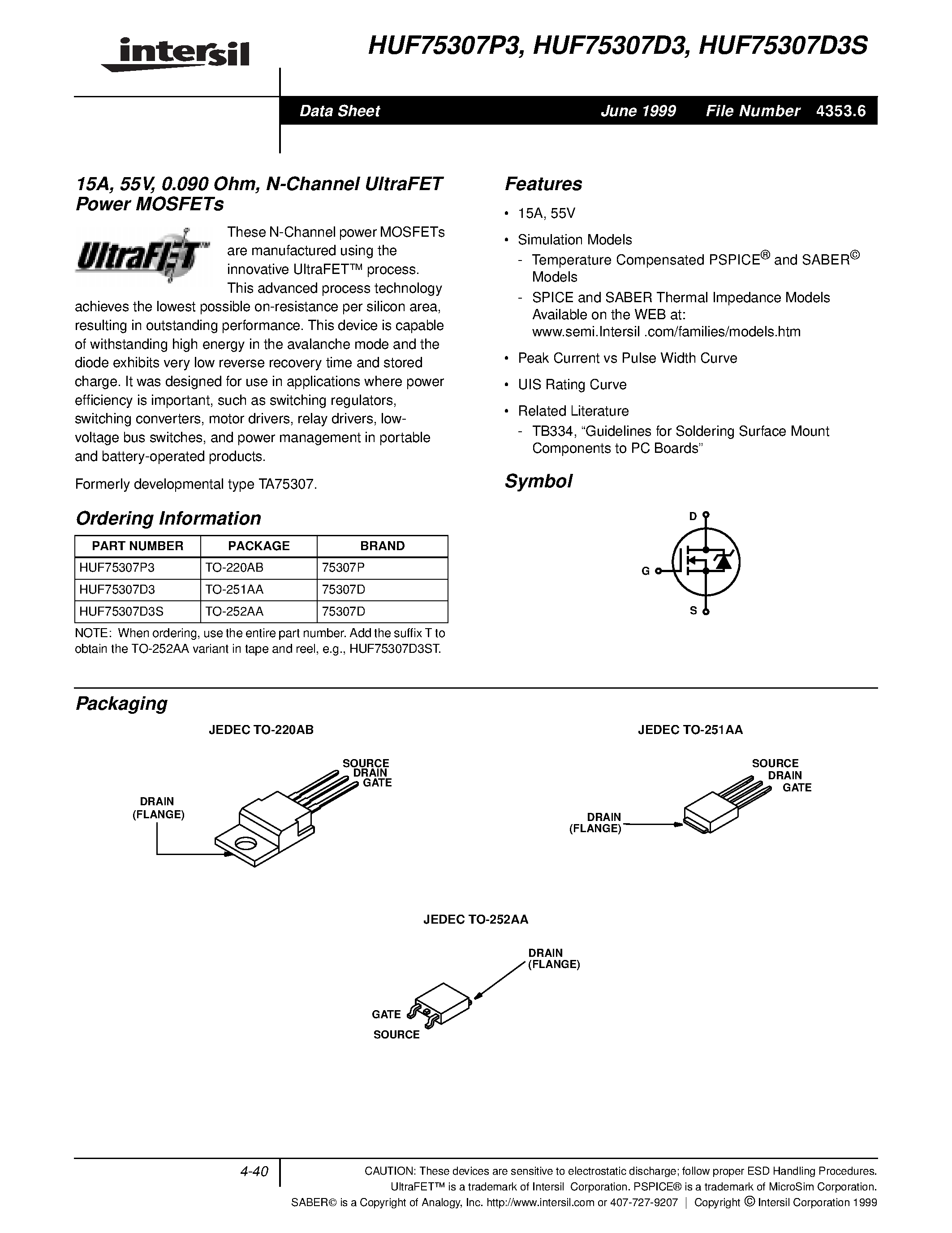 Datasheet HUF75307D3 - 15A/ 55V/ 0.090 Ohm/ N-Channel UltraFET Power MOSFETs page 1