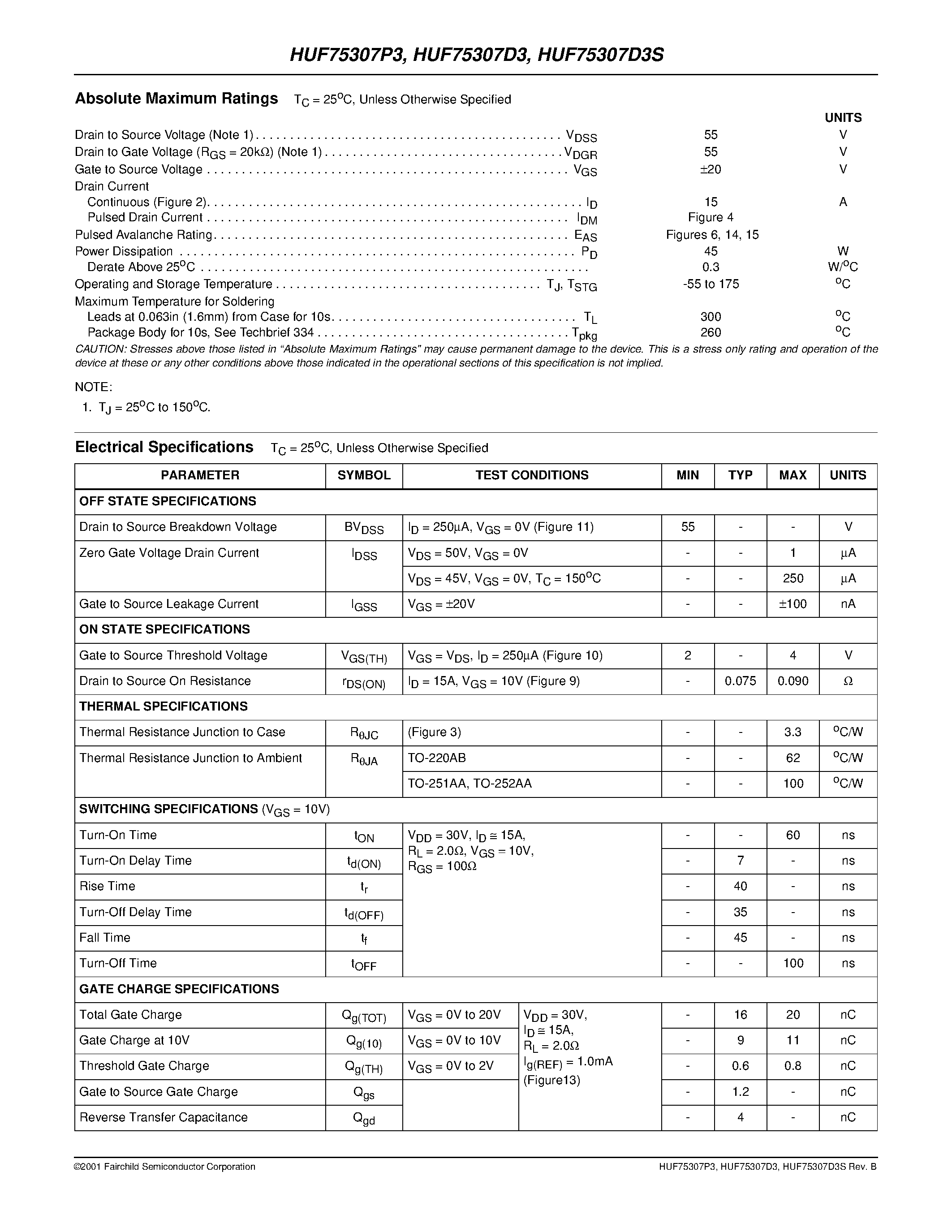 Datasheet HUF75307P3 page 2 Datasheet HUF75307P3 - 15A/ 55V/ 0.090 Ohm/ N-Channel UltraFET Power MOSFETs page 2