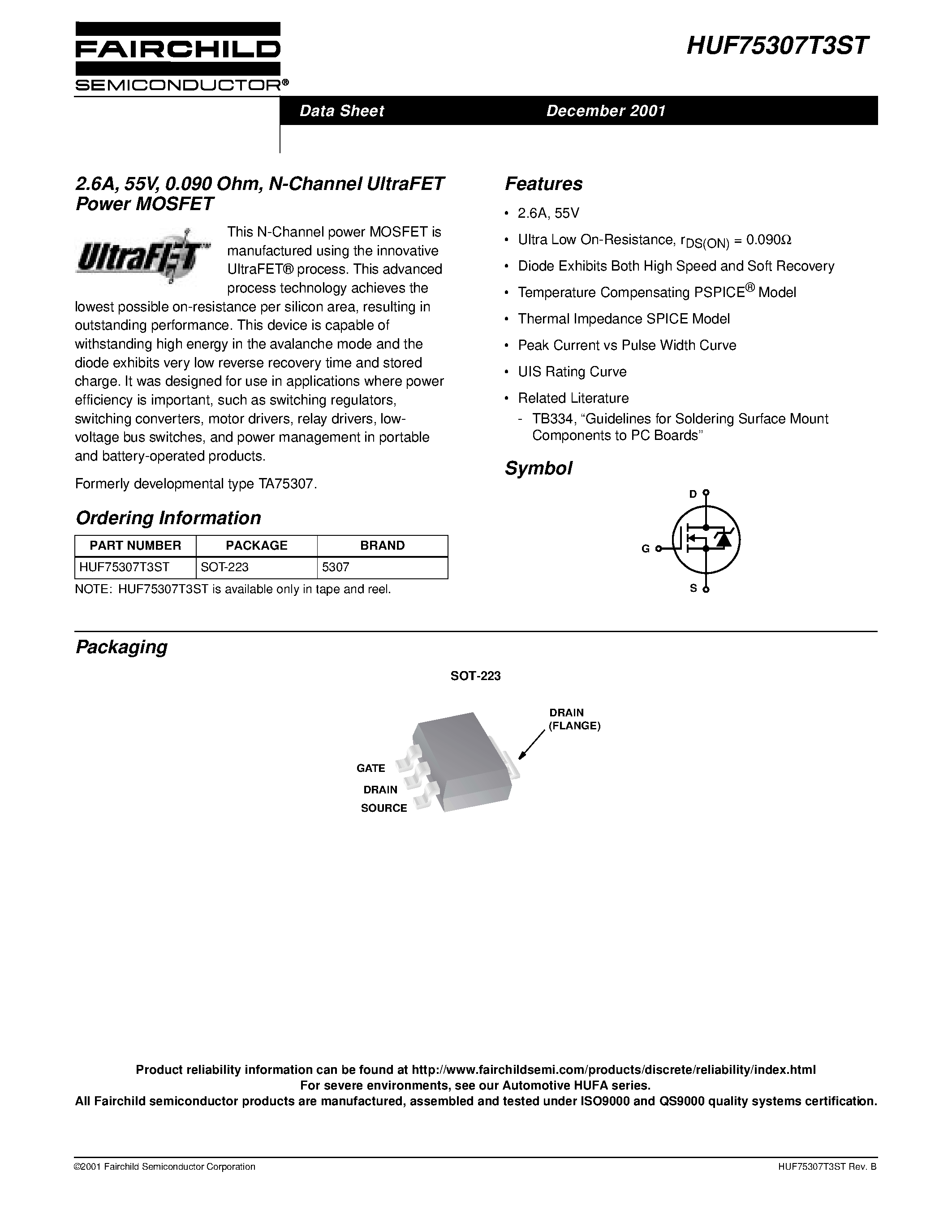 Datasheet HUF75309D3 - 19A/ 55V/ 0.070 Ohm/ N-Channel UltraFET Power MOSFETs page 1