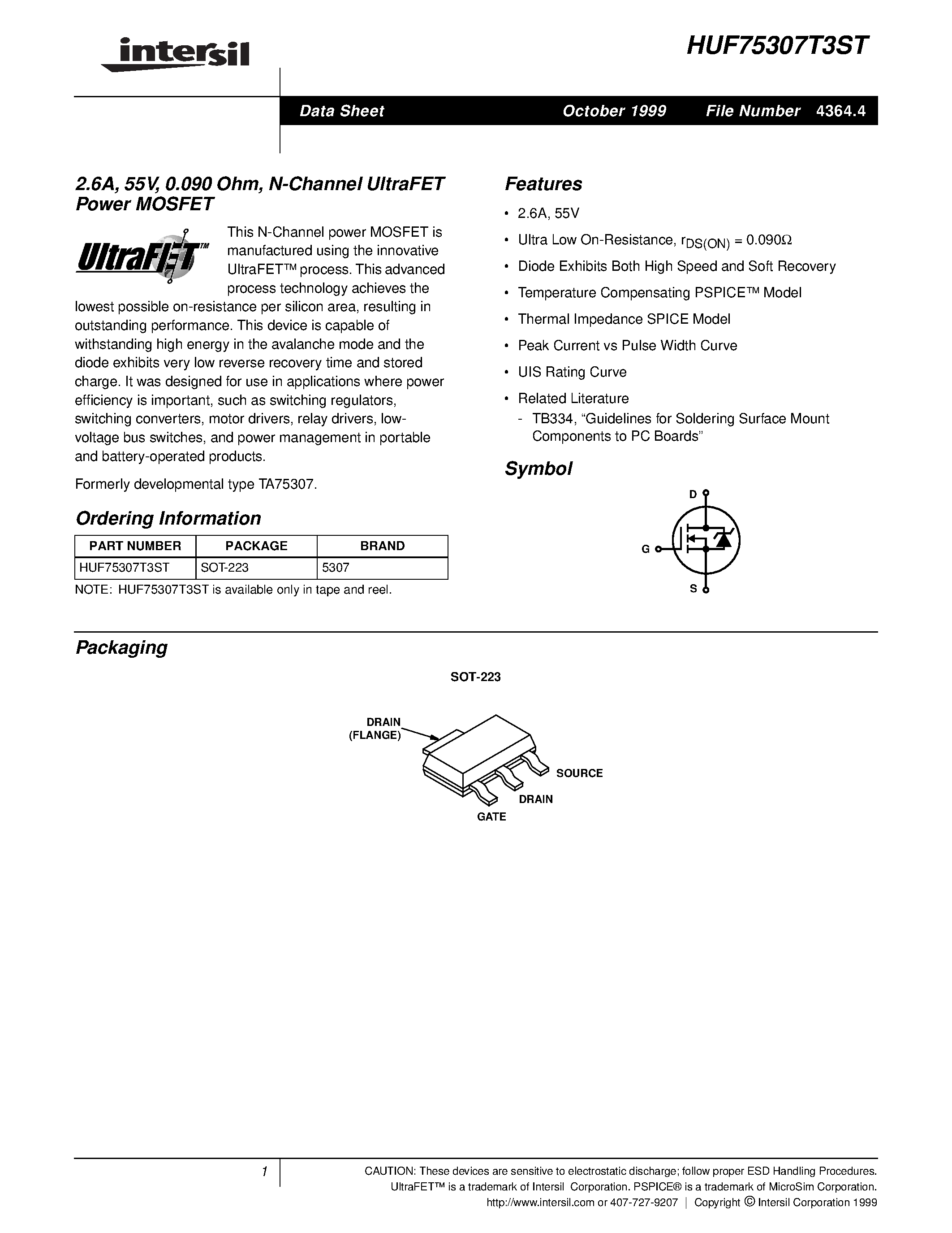 Datasheet HUF75307T3ST - 2.6A/ 55V/ 0.090 Ohm/ N-Channel UltraFET Power MOSFET page 1