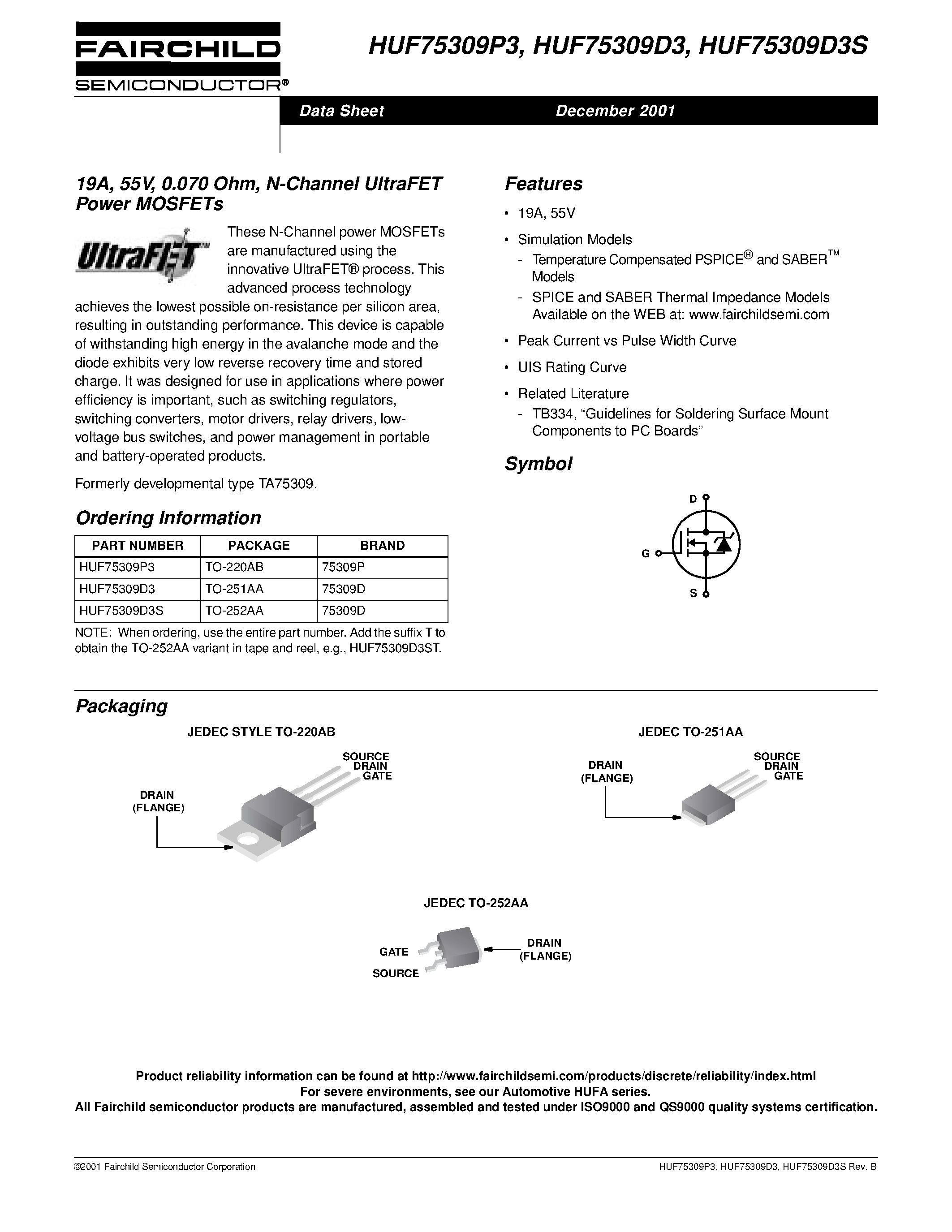 Datasheet HUF75309D3S - 19A/ 55V/ 0.070 Ohm/ N-Channel UltraFET Power MOSFETs page 1
