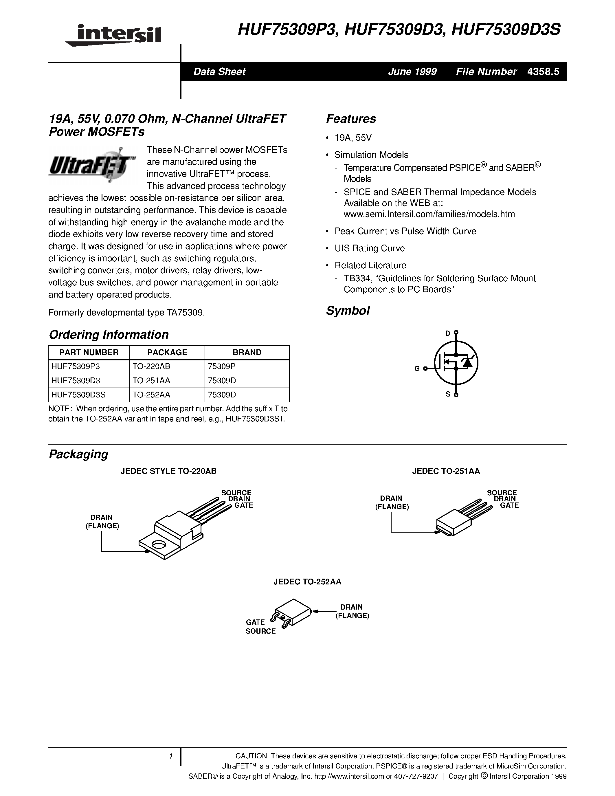 Datasheet HUF75307T3ST - 2.6A/ 55V/ 0.090 Ohm/ N-Channel UltraFET Power MOSFET page 1