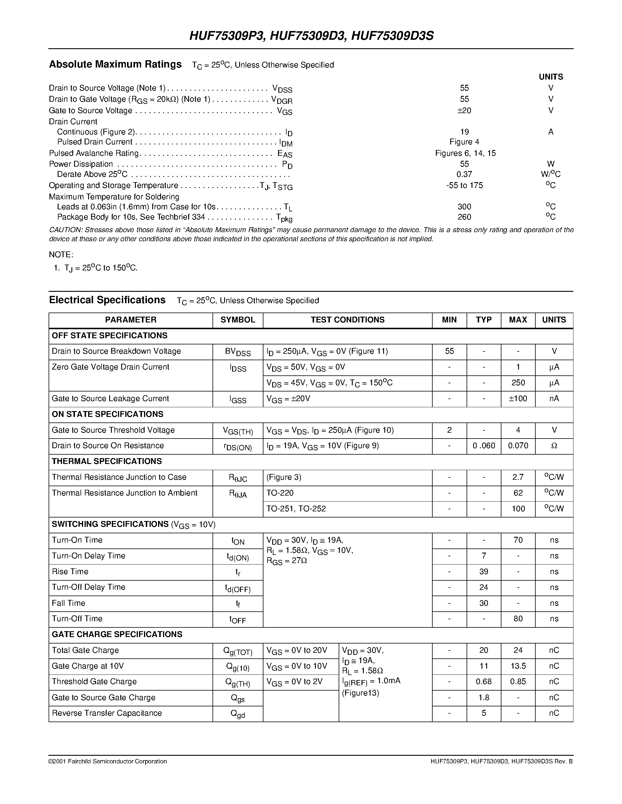 Datasheet HUF75309P3 - 19A/ 55V/ 0.070 Ohm/ N-Channel UltraFET Power MOSFETs page 2