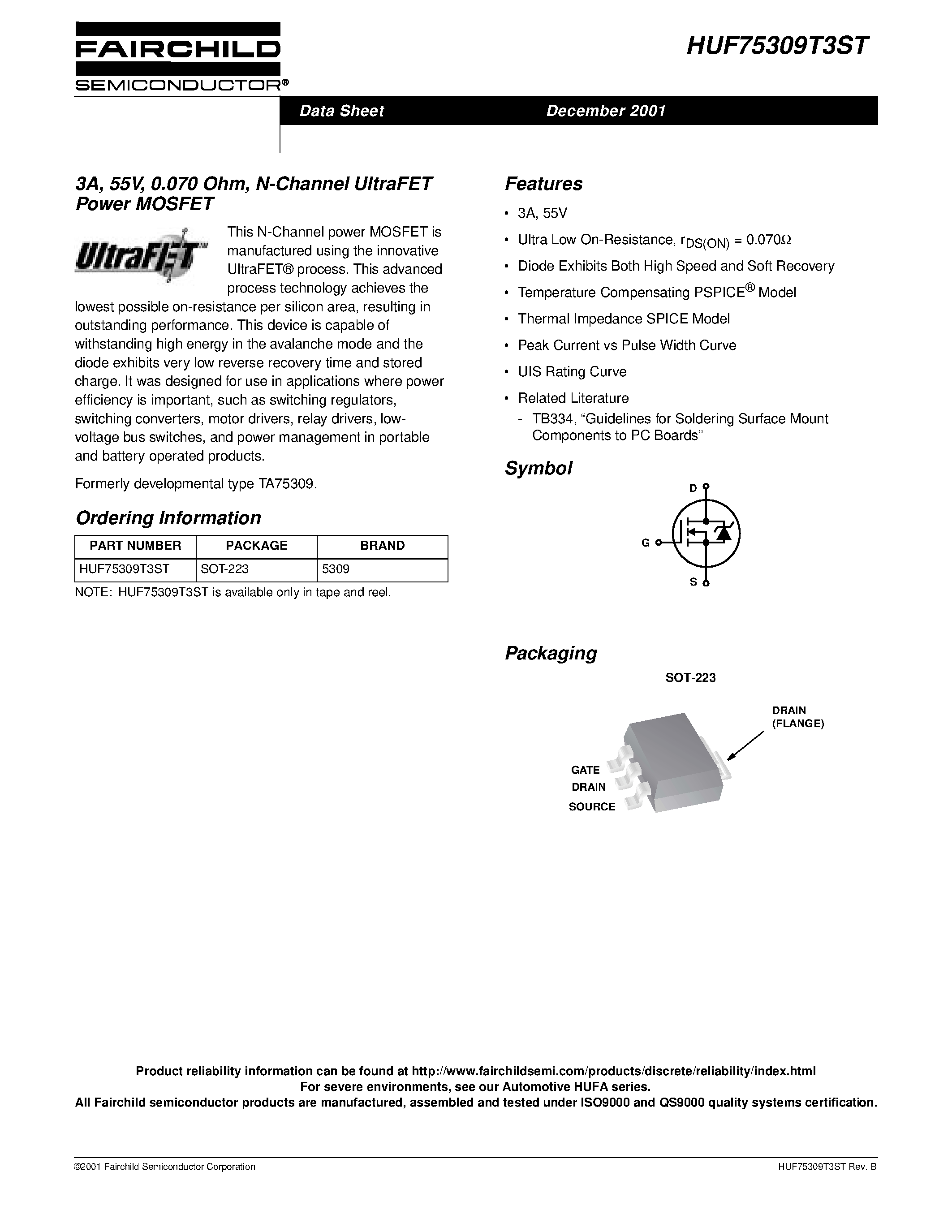 Datasheet HUF75309T3ST - 3A/ 55V/ 0.070 Ohm/ N-Channel UltraFET Power MOSFET page 1
