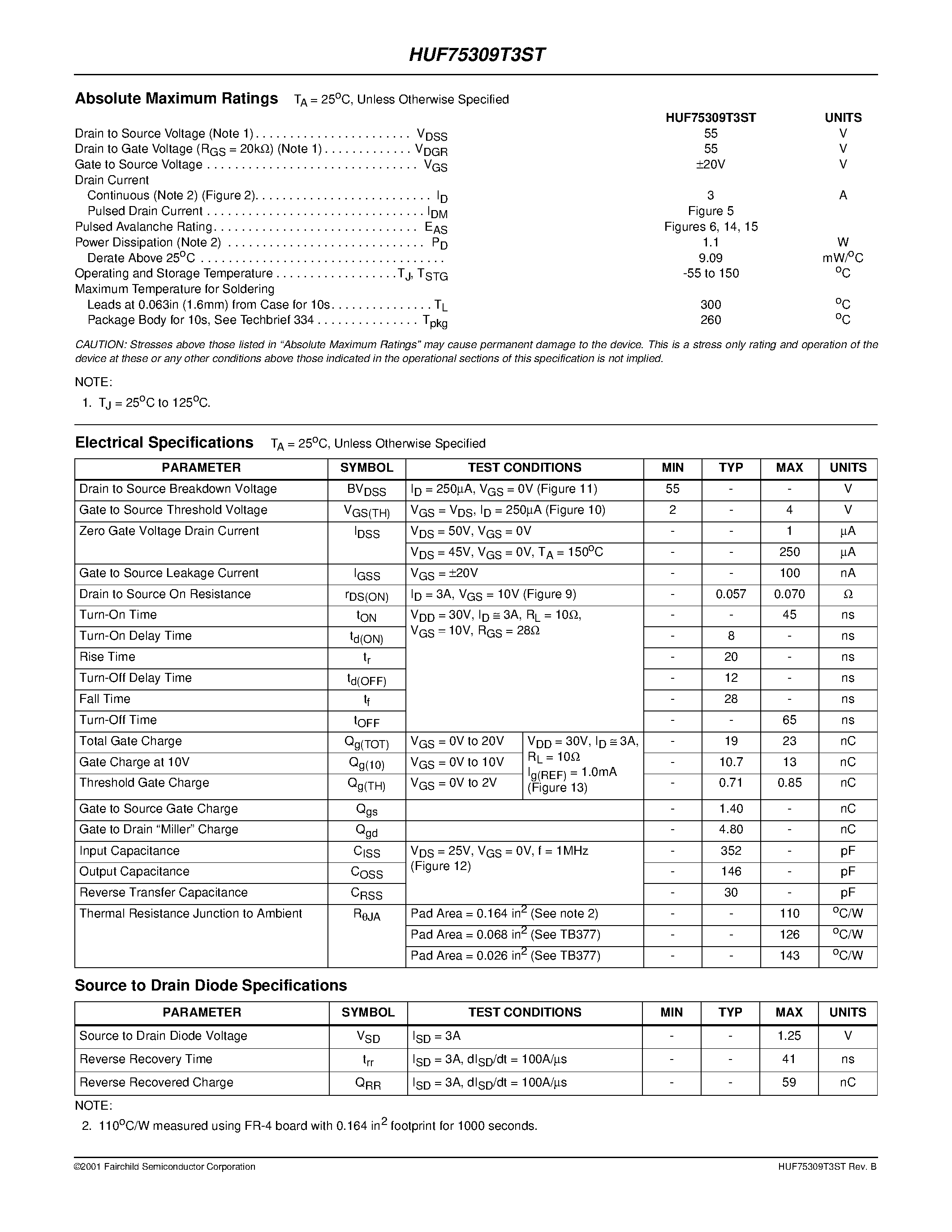 Datasheet HUF75309T3ST - 3A/ 55V/ 0.070 Ohm/ N-Channel UltraFET Power MOSFET page 2