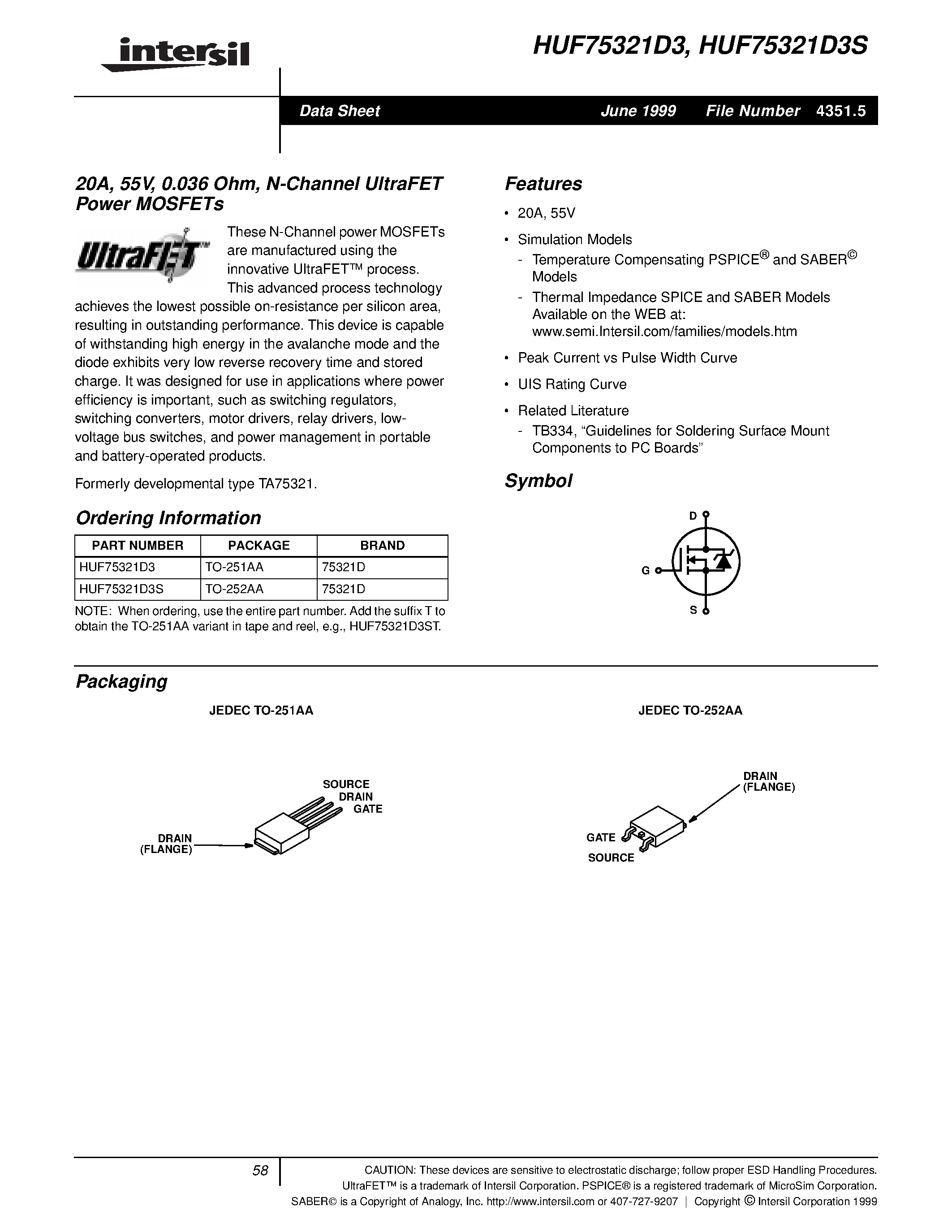 Datasheet HUF75321D3S - 20A/ 55V/ 0.036 Ohm/ N-Channel UltraFET Power MOSFETs page 1