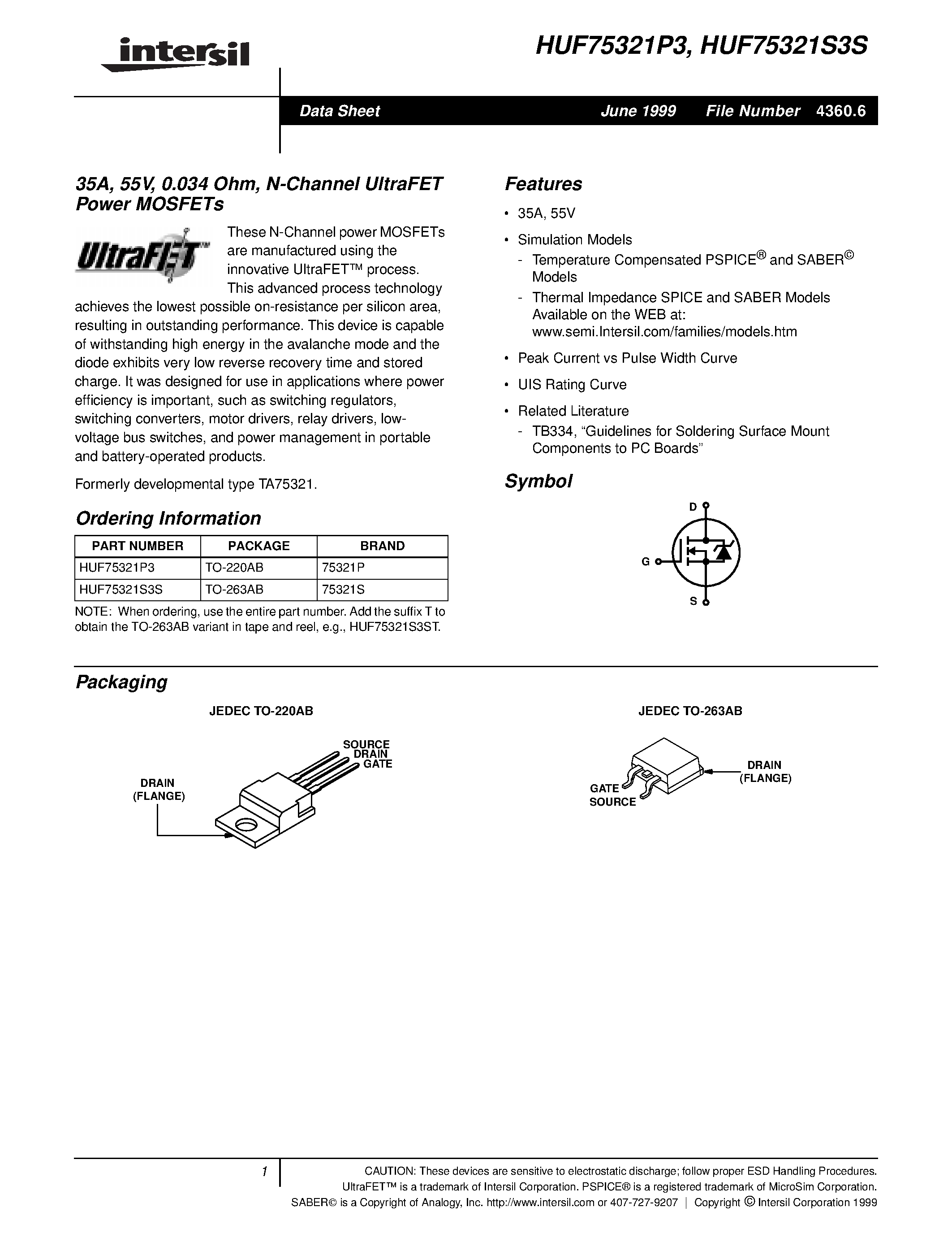 Datasheet HUF75321P3 - 35A/ 55V/ 0.034 Ohm/ N-Channel UltraFET Power MOSFETs page 1