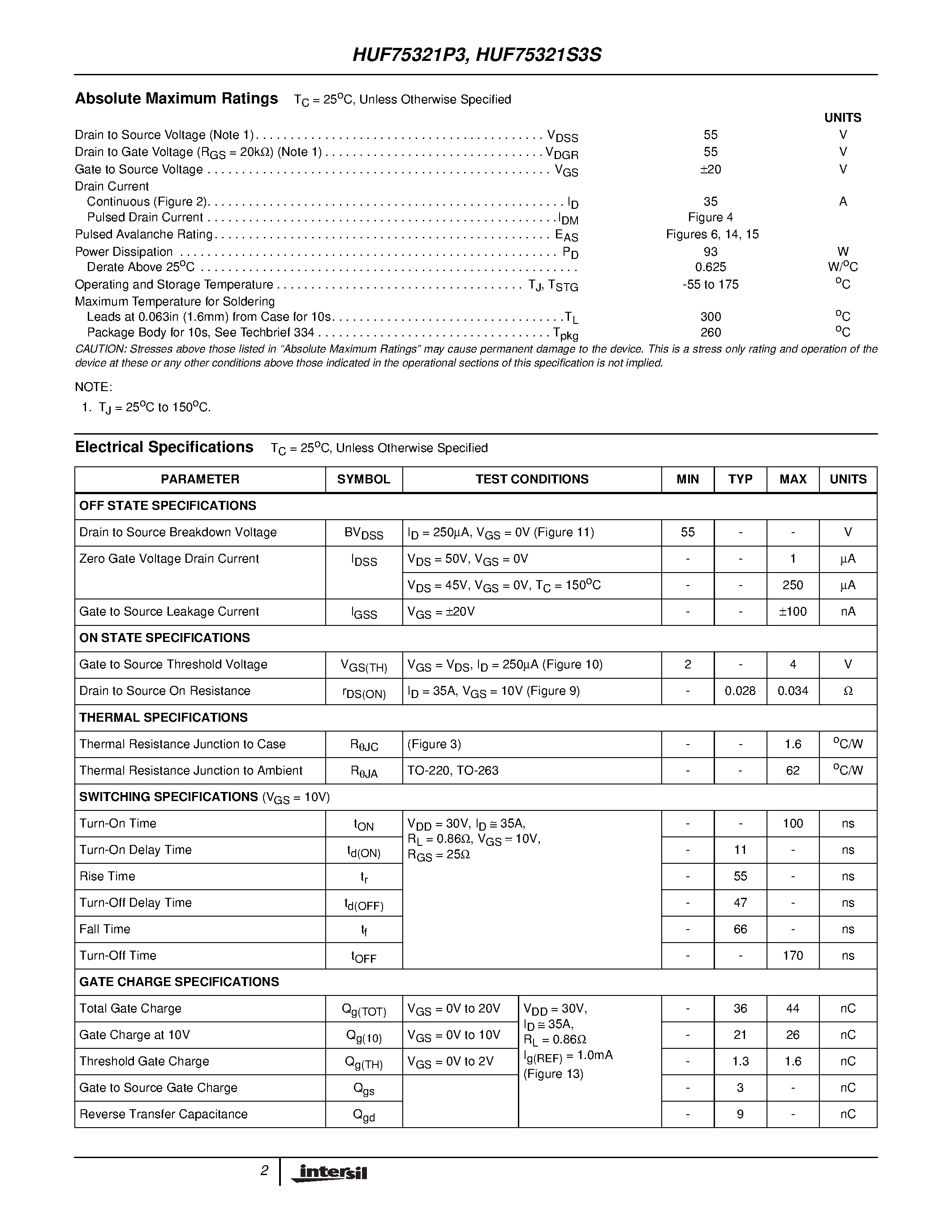 Datasheet HUF75321P3 - 35A/ 55V/ 0.034 Ohm/ N-Channel UltraFET Power MOSFETs page 2