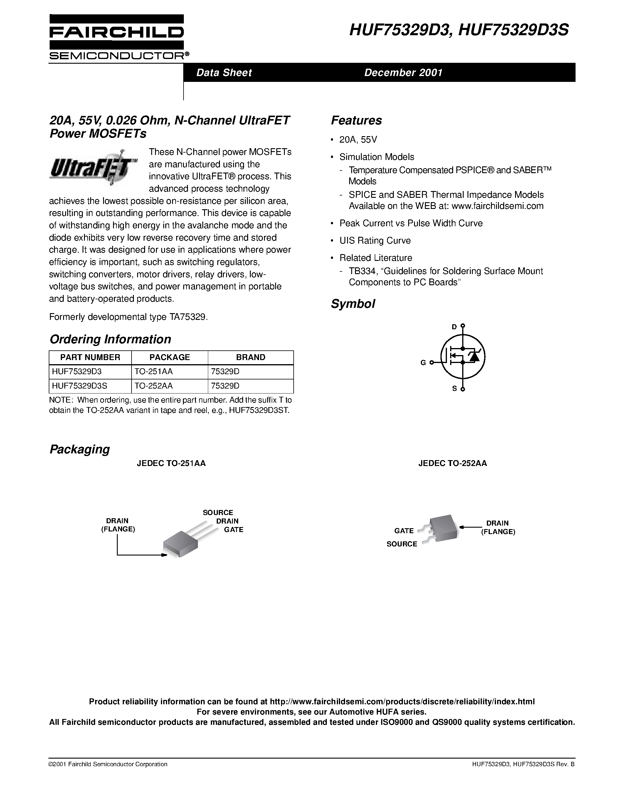 Datasheet HUF75329D3 - 20A/ 55V/ 0.026 Ohm/ N-Channel UltraFET Power MOSFETs page 1