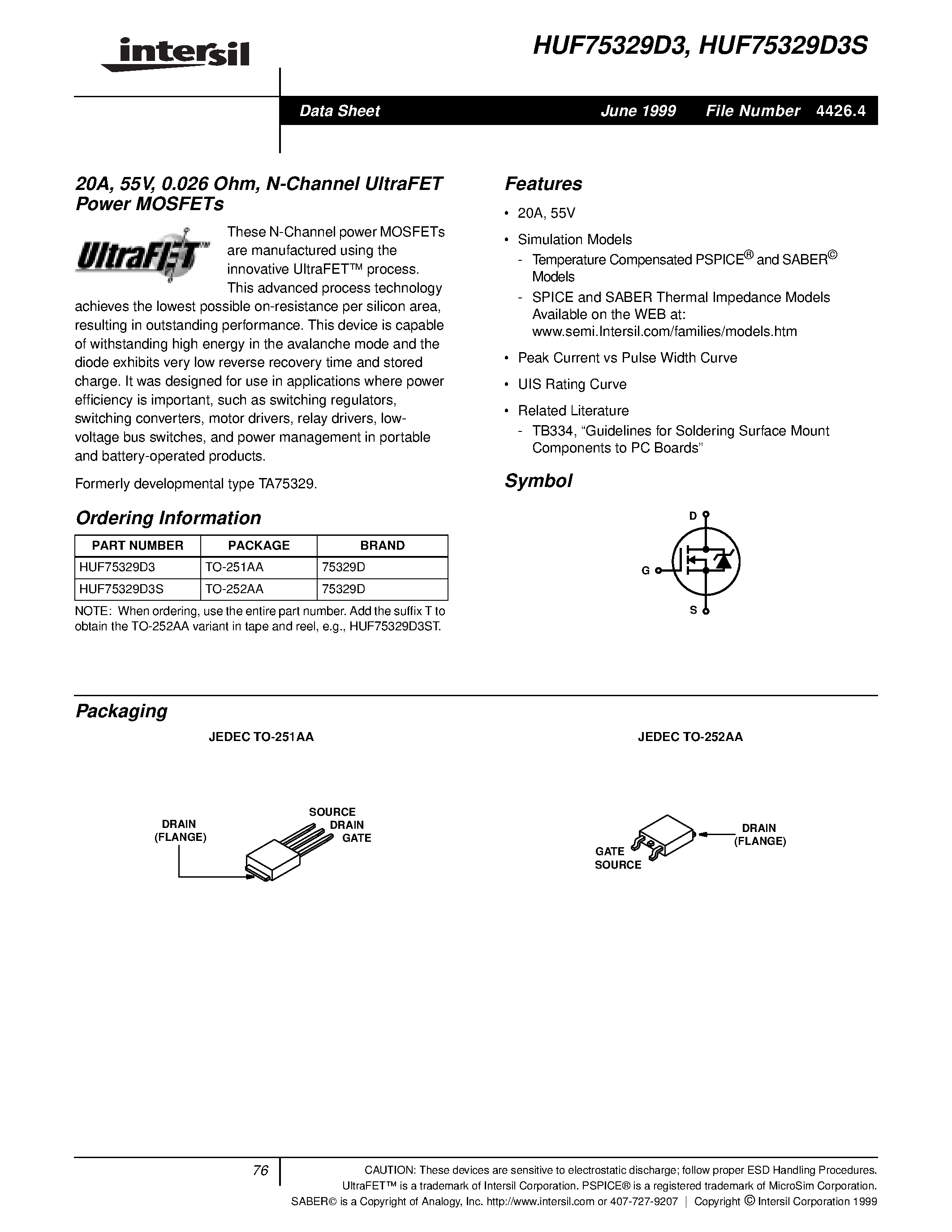 Datasheet HUF75329D3 - 20A/ 55V/ 0.026 Ohm/ N-Channel UltraFET Power MOSFETs page 1