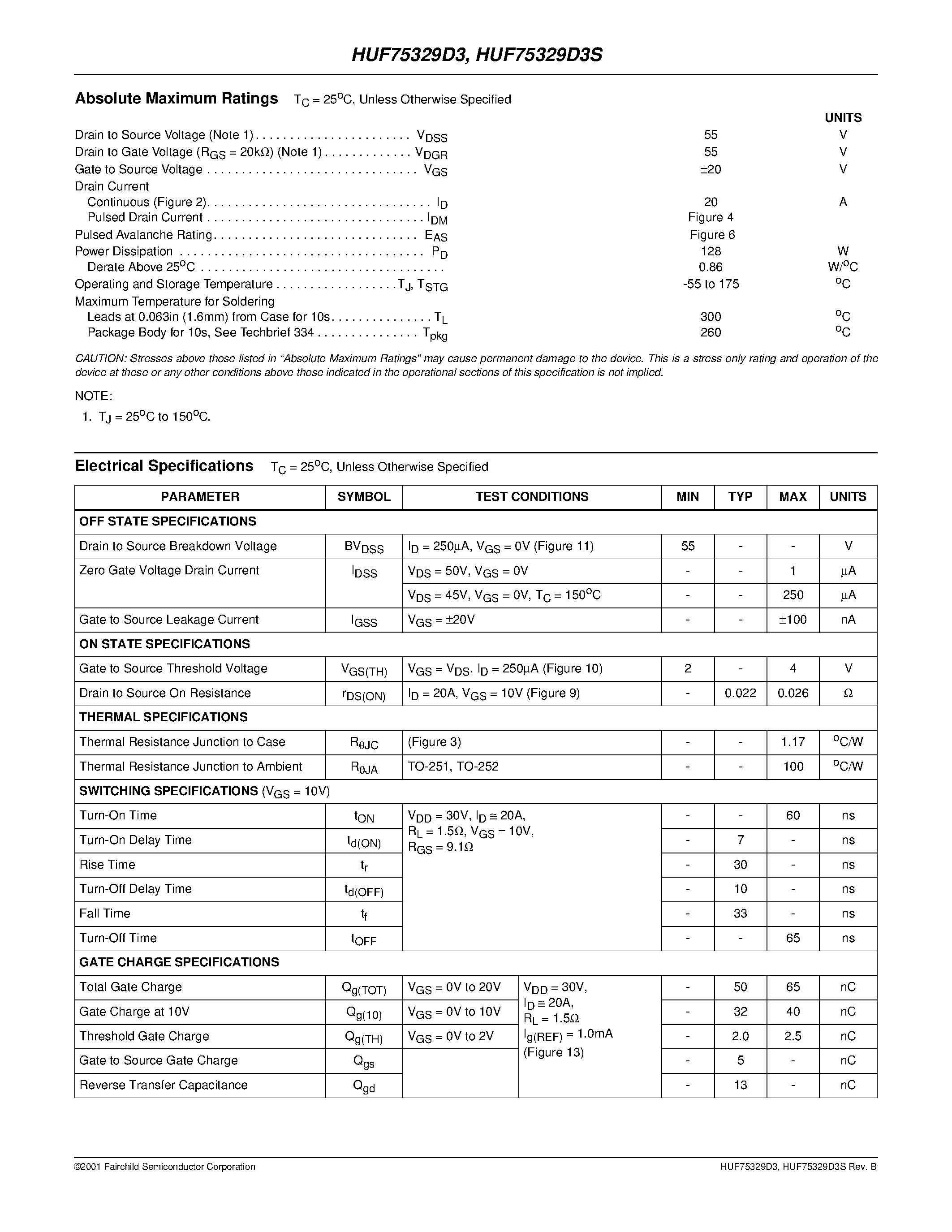 Datasheet HUF75329D3S page 2 Datasheet HUF75329D3S - 20A/ 55V/ 0.026 Ohm/ N-Channel UltraFET Power MOSFETs page 2